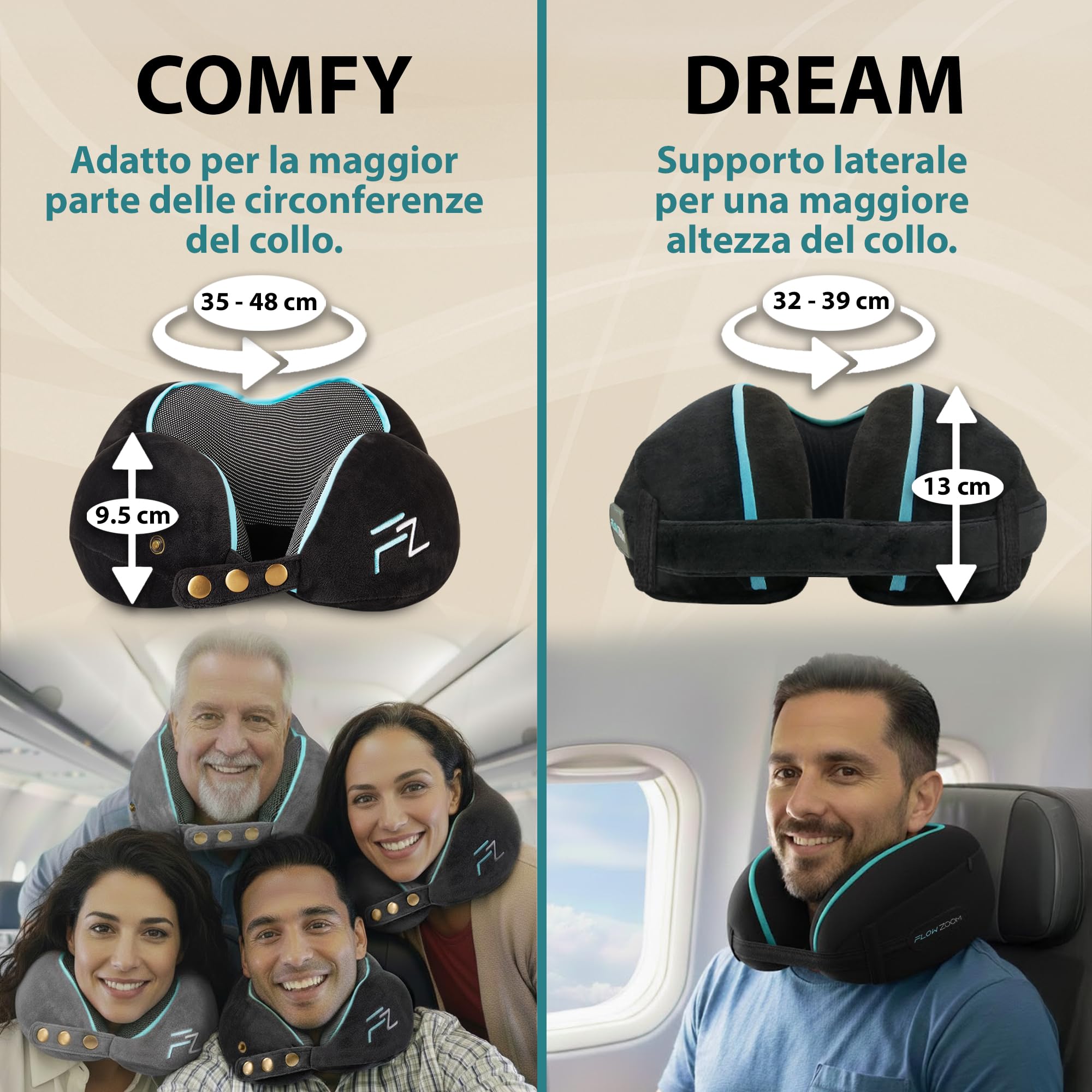 FLOWZOOM Comfy Cuscino da Viaggio per Aereo e Auto – Cuscino per il Collo Regolabile in Schiuma Memory con Supporto a 360°, Fodera Vellutata Lavabile e Sacchetto in Rete per il Trasporto – Nero