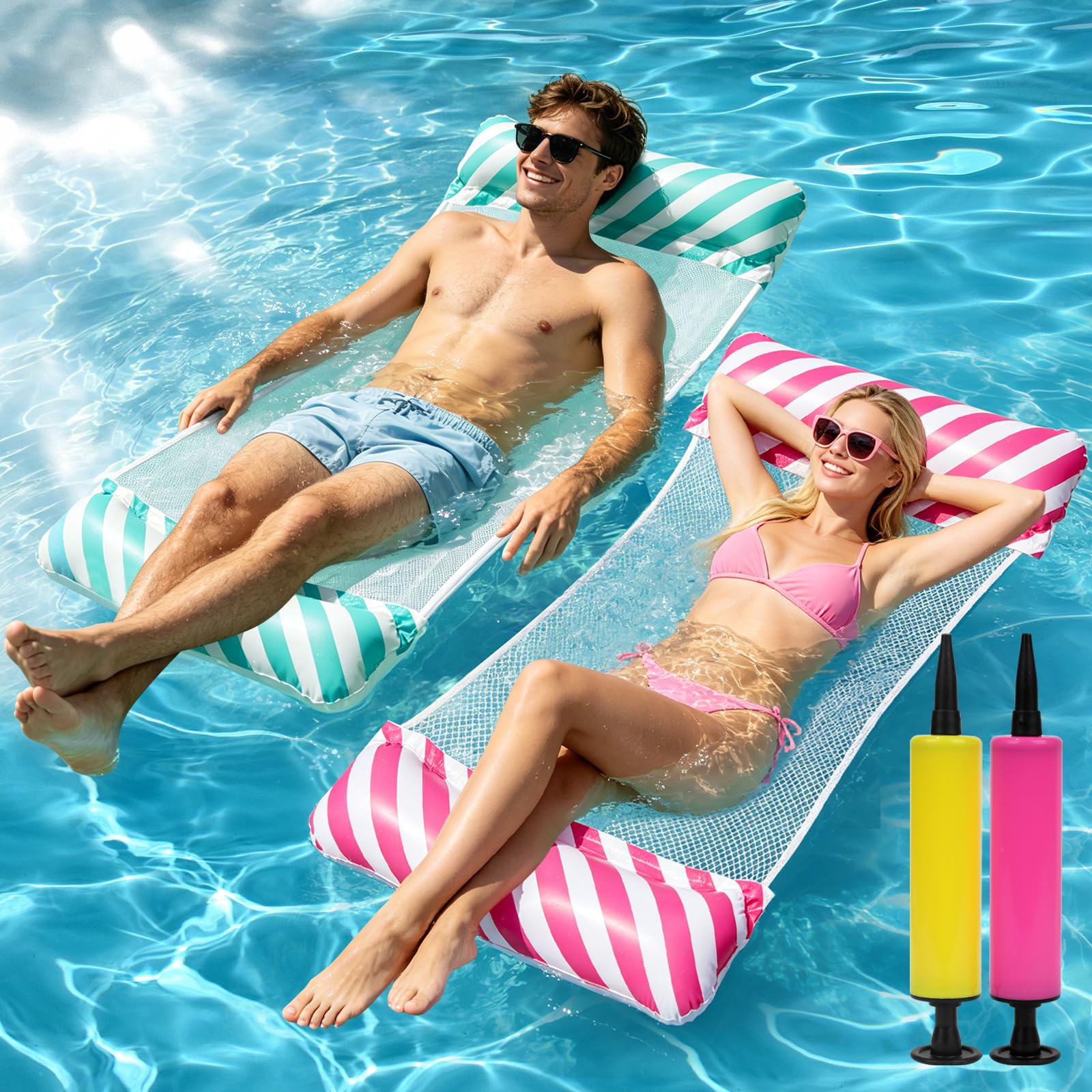 2 Pezzi Amaca Galleggiante,Materassino Gonfiabile 4-in-1 con Due Pompe,130x70 CM Materassino Piscina Pieghevole,Gonfiabili Piscina Adulti,Accessori per Piscine e Spiaggia Estivi(Blu e Rosa)