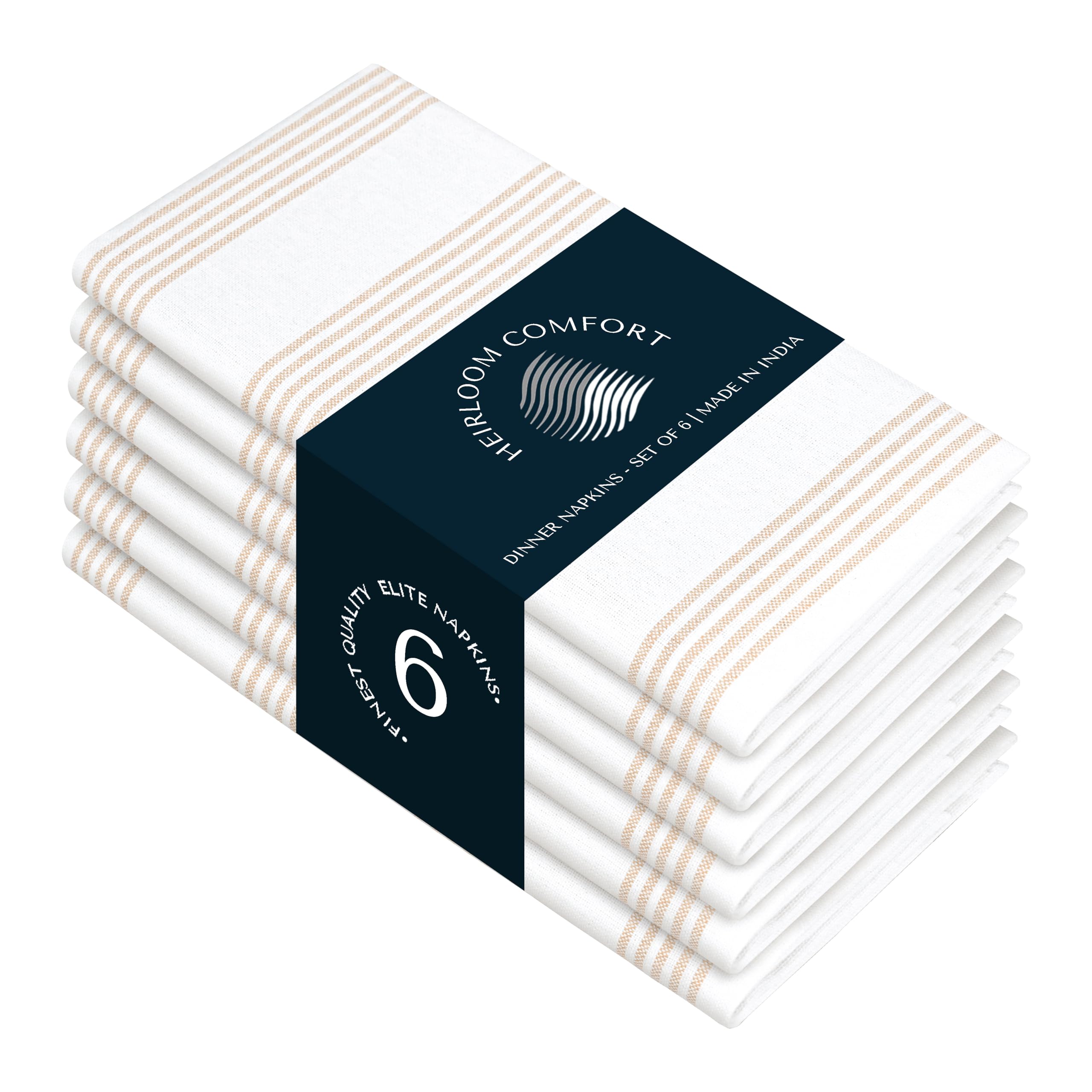 HEIRLOOM COMFORT Beige Stripe Cloth Napkins (Set of 6), 45x45 cm, 100% Cotton, Machine Washable, Multi Pin Striped Table Dinner Napkin for Farmhouse Dining, Everyday Use & Special Occasions