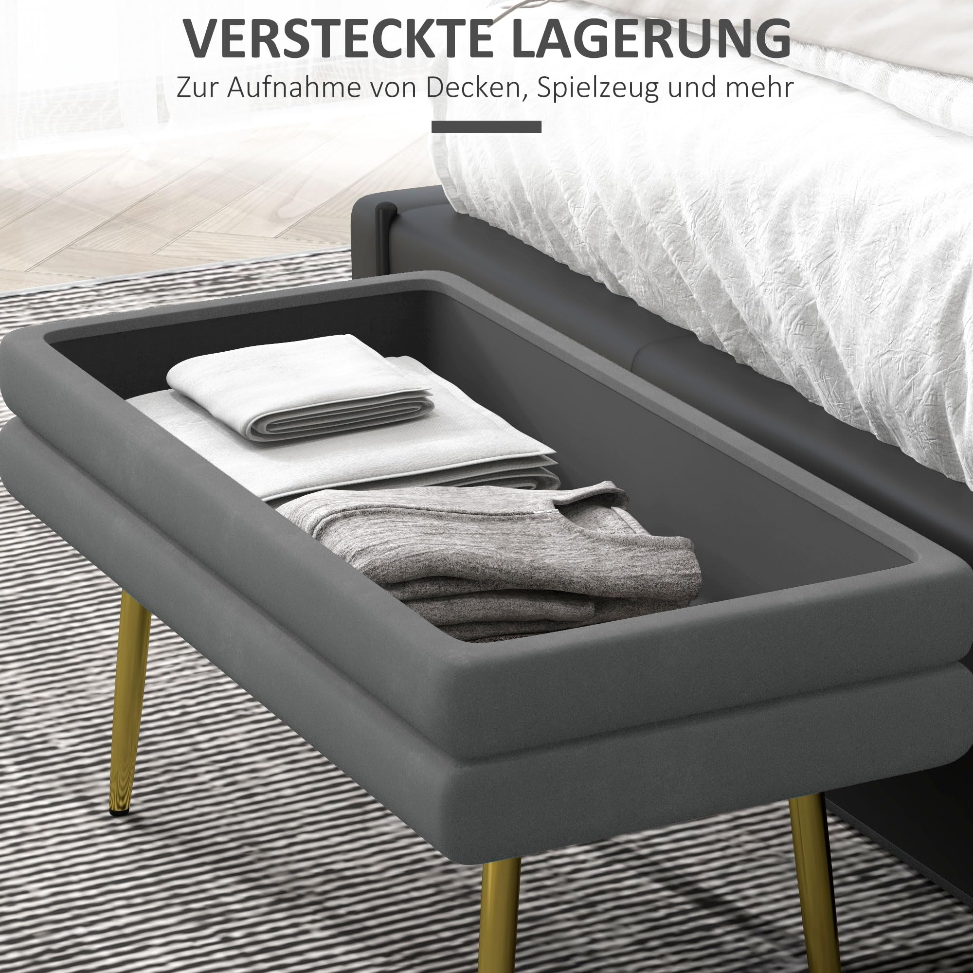 HOMCOM Sitzbank Polsterbank mit Stauraum Samtoptik 79,5x37,5x43cm Grau | Bettbank mit Stahlbeine, Schuhbank, Aufbewahrungsbank für Wohnzimmer, Schlafzimmer