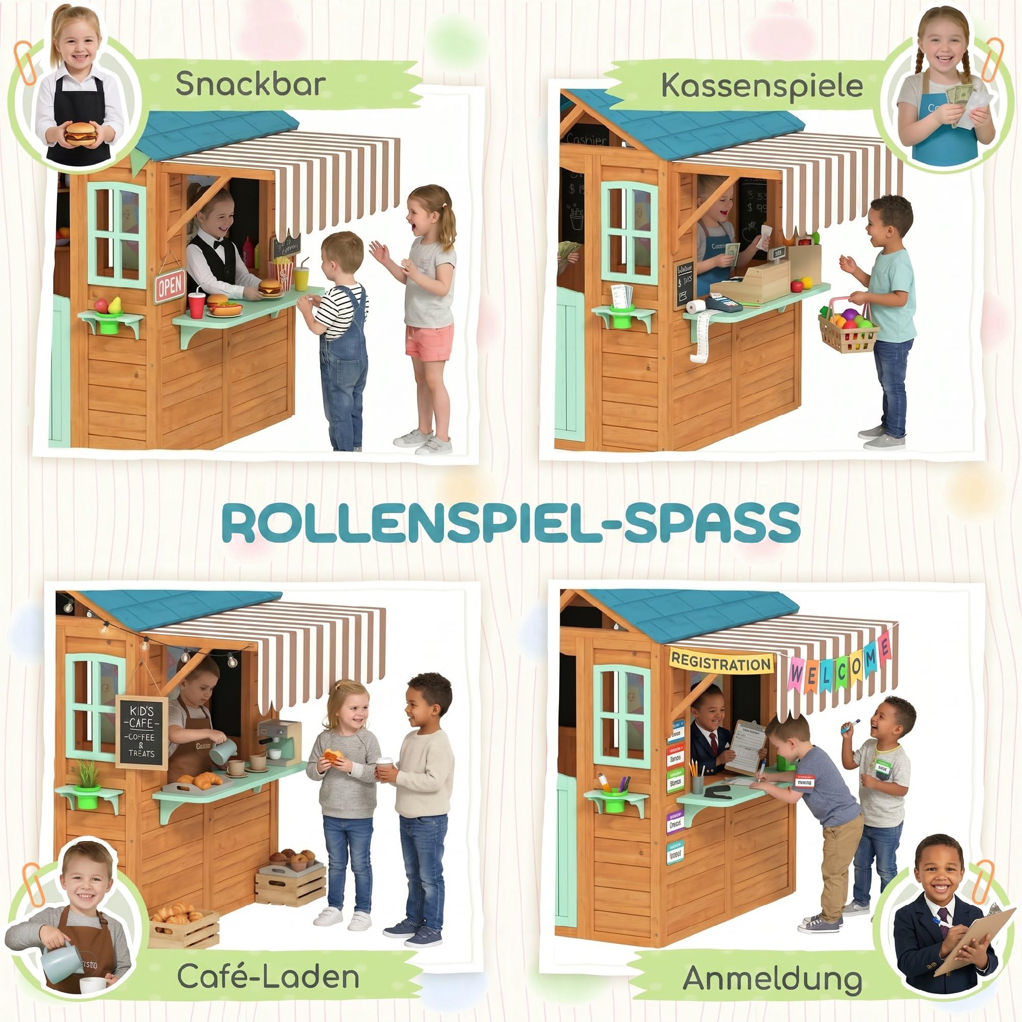 AIYAPLAY Kinderspielhaus aus Holz Spielhaus Outdoor mit Verkaufstheke Pflanzenkasten Kreidetafel Zieltuch 4 Ball Fenster Tür Gartenhaus für Kinder 142 x 120 x 141,5 cm Mehrfarbig