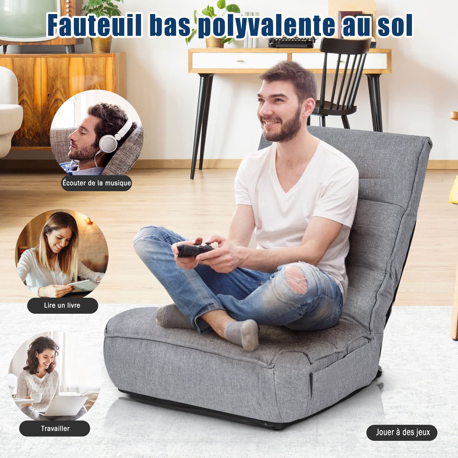 RELAX4LIFE Fauteuil Bas Multiposition Réglable Dossier 4 Positions Charge 140kg, Chauffeuse Convertible en Lin Appui-tête en 5 Positions Fauteuil Paresseux 1 Place Adulte Enfant (Lin, Gris)