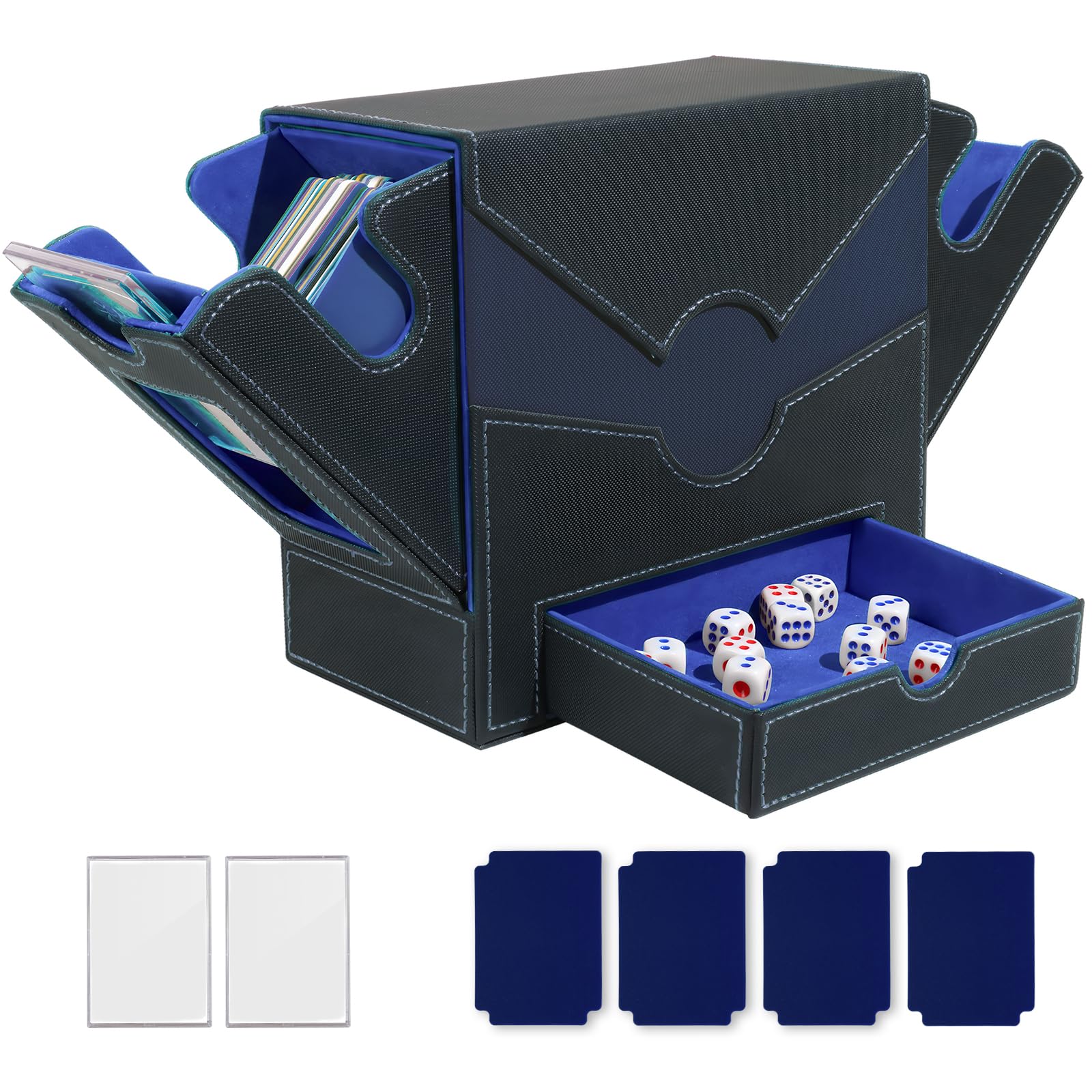 Matlarn Boîte Rangement Carte, Boite à Cartes pour de 500 Cartes, Magnétique Cuir Card Box Avec 4 Séparateurs Colorés et 2 Toploaders, MTG Commander Deck Boxs pour TCG CCG Yugioh, Noir Bleu