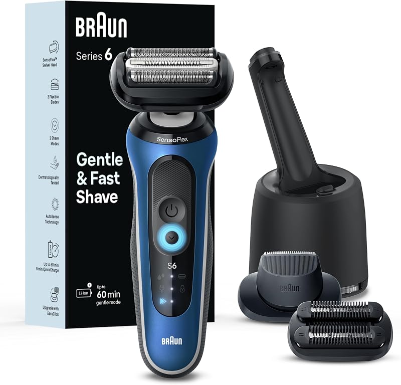 Barbeador elétrico Braun Series 6 6177cc para homens, seco e molhado, modos Gentle e Turbo, barbeador de tela azul