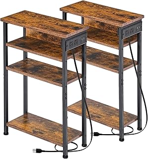AMHANCIBLE Narrow Side Table, Slim Tables Set of 2, End Tables with Charging Station, Small Space, 4 Tier Sofa Table with Storage Shelf, for Living Room, Metal Frame HETN04BR