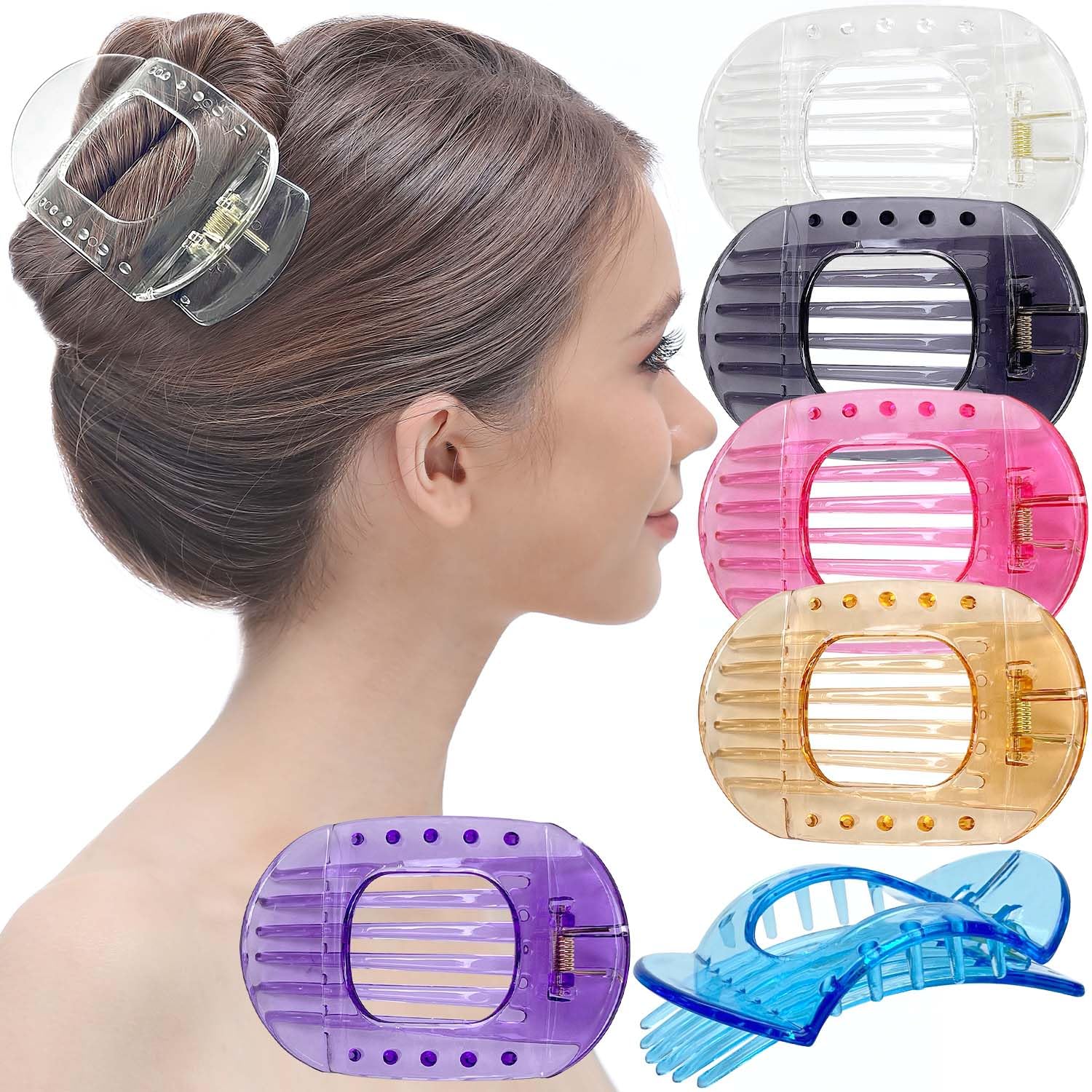 RC ROCHE 6 Pcs Flat Claw Hair Clips for Women Thick Hair French Round Duckbill Square Secure Strong Hold Grip Clamps Barrettes Curved No Slip No Crease Plastic Styling Cute