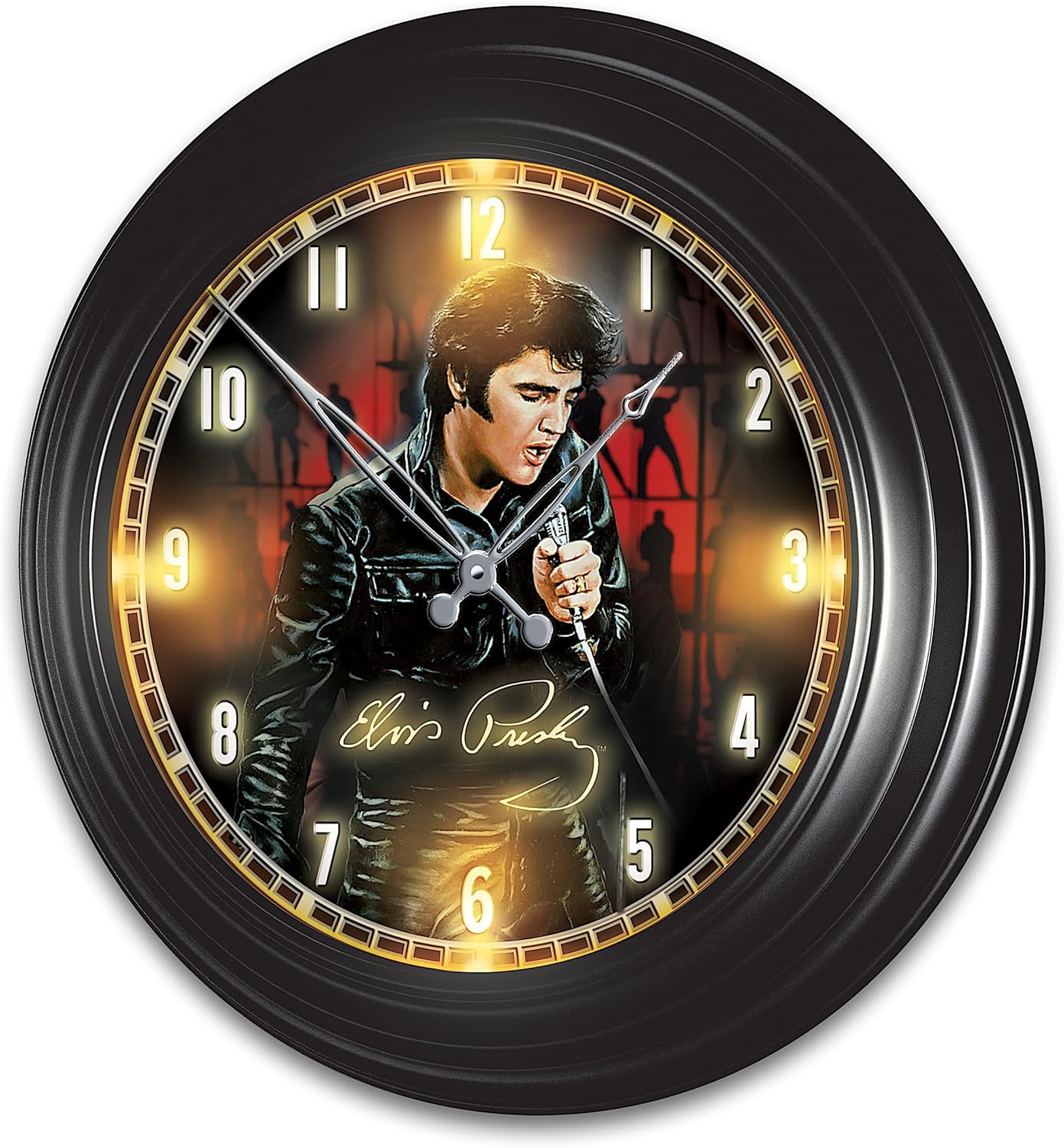 The Bradford Exchange Elvis Presley Outdoor Illuminated Atomic Wall Clock Featuring A Glass-Encased Face with Imagery from Elvis's Comeback Special by Artist Bruce Emmett