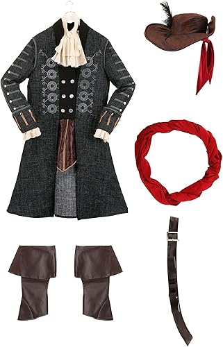 Miniatura 8 de Disfraz de pirata de barba negra para adultos, disfraz de capitán Swashbuckler negro de alta mar para Halloween