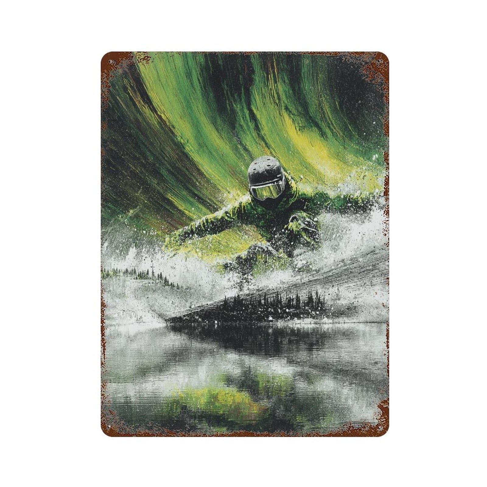 Rust Effect Northern Lights Snowboarder Rustic Tin Plaque 15.7"x11.8", Industrial Home Decor for Bistro, Counter And Cafe Decor
