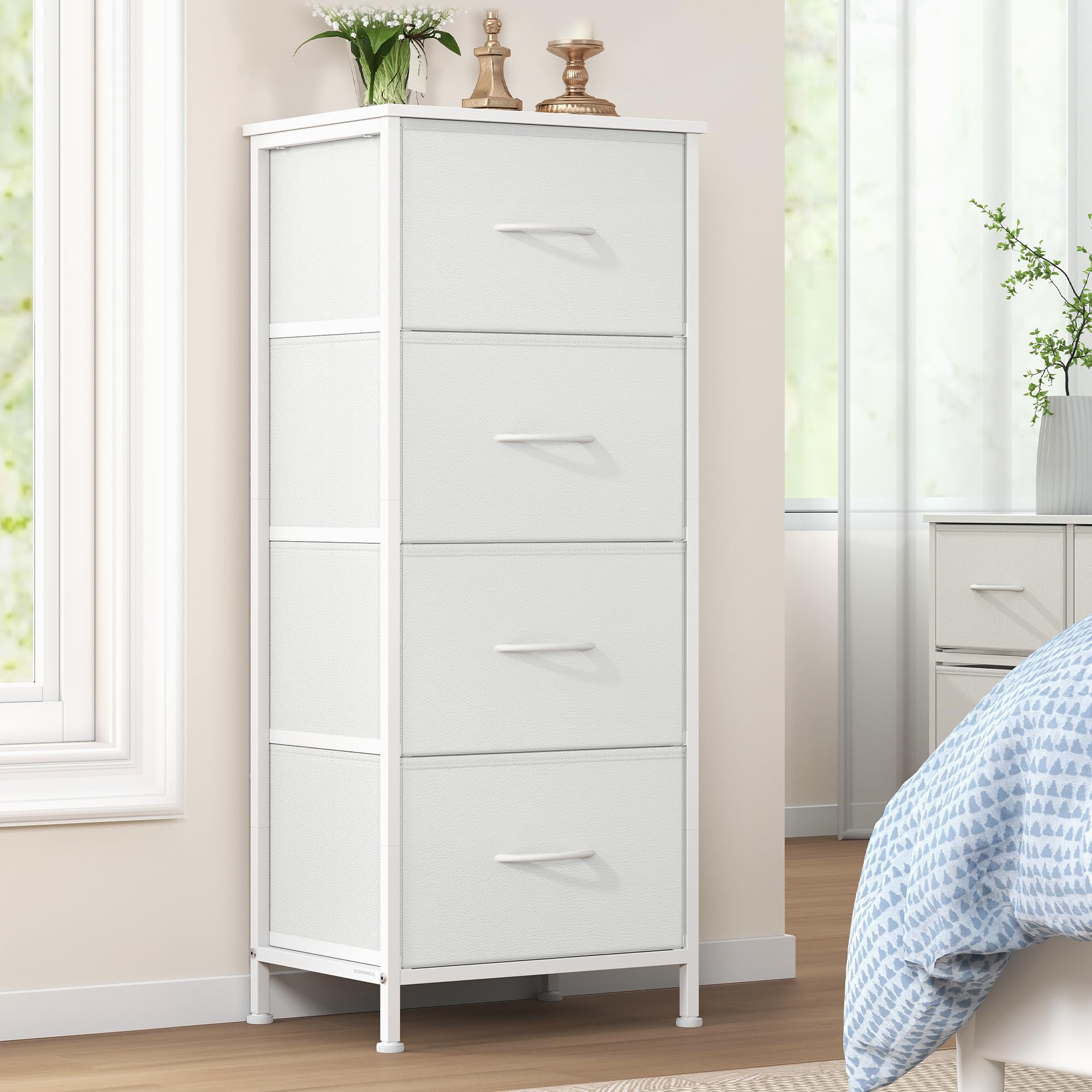 SONGMICS Chest of Drawers, 4 Fabric Drawers Storage Unit, Steel, MDF, Non-Woven Fabric, for Bedroom, Closet, Hallway, Living Room, Cloud White and Snow White LGS314WH01