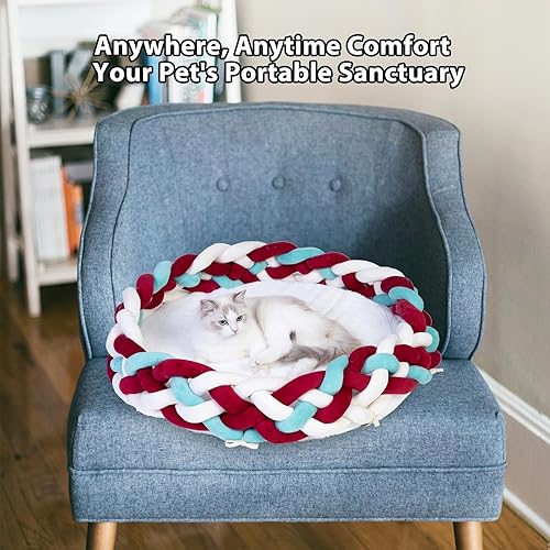 Miniatura 9 de Maihandasi - Linda cesta redonda de algodón de punto bohemio para gatos, nido cálido para gatos, gatitos, cachorros y perros pequeños, cama suave y