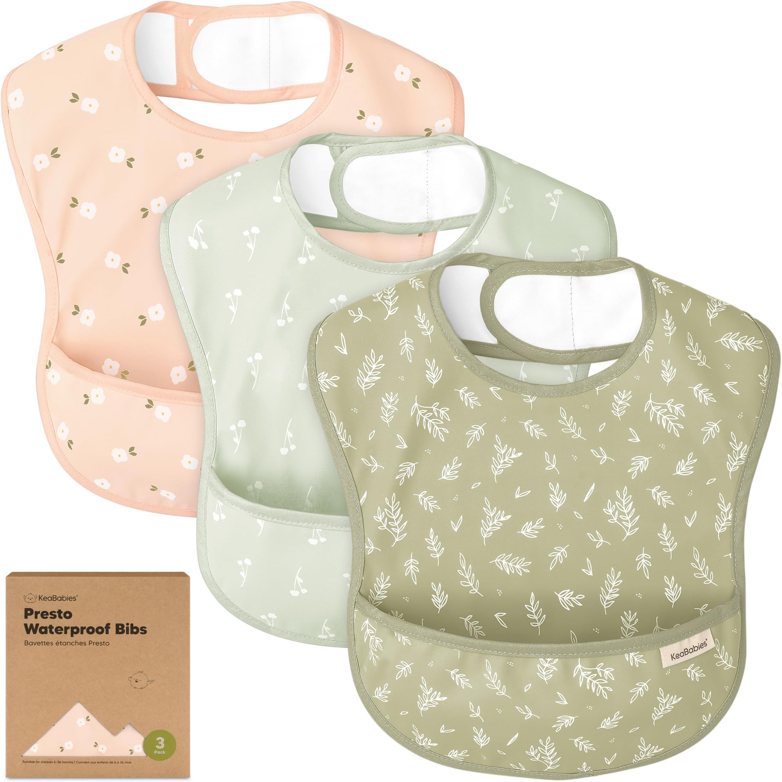 KeaBabies 3-Pack Waterproof Baby Bibs for Eating - Lightweight Baby Bib with Food Catcher, Mess Proof Toddler Bibs