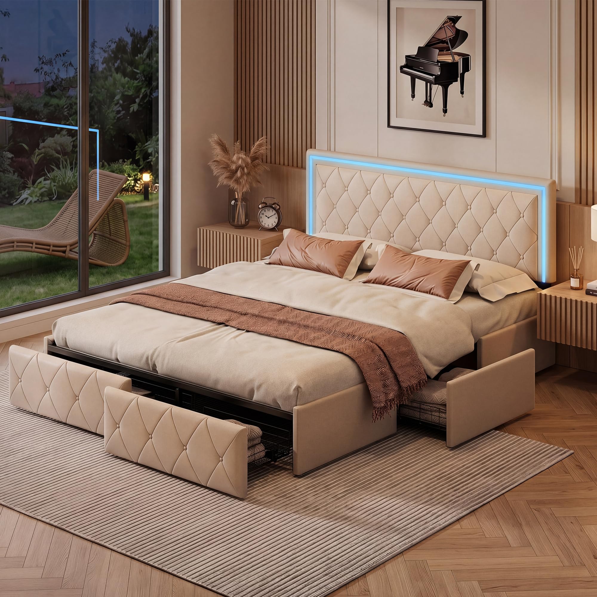 Cama Acolchada de Matrimonio con 4 cajones y LED, Estructura de Cama de Matrimonio, Plataforma de Poliuretano con somier de láminas de Madera, sin colchón (Beige, 140x200cm)