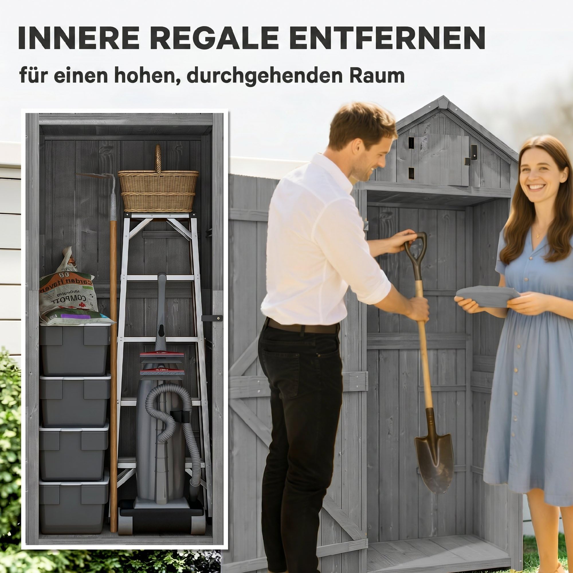 Outsunny Gartenschrank Holz, Geräteschuppen wetterfest 77x54,2x179cm, Gerätehaus mit Tür, Satteldach, Geräteschrank mit Böden, Werkzeugschrank Gartenschuppen für Garten, Terrasse, Grau+Grün