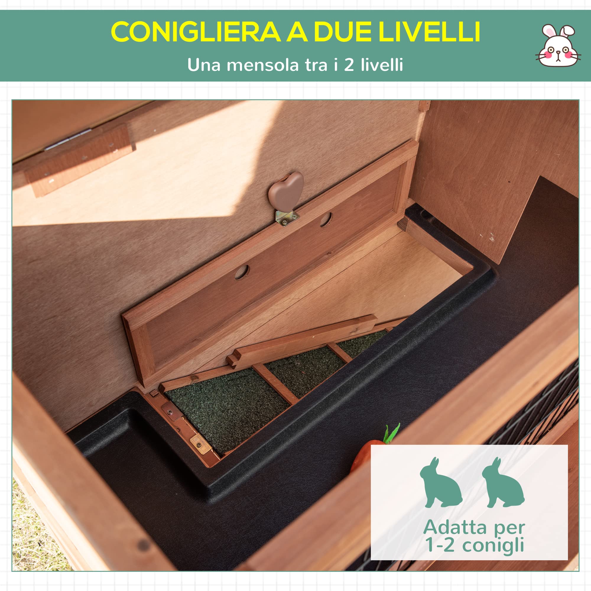 PawHut Conigliera in Legno a 2 Livelli con Ruote, Casetta per Conigli e Porcellini d'India con Vassoio Estraibile e Rampa, Arancione,122x50x101cm