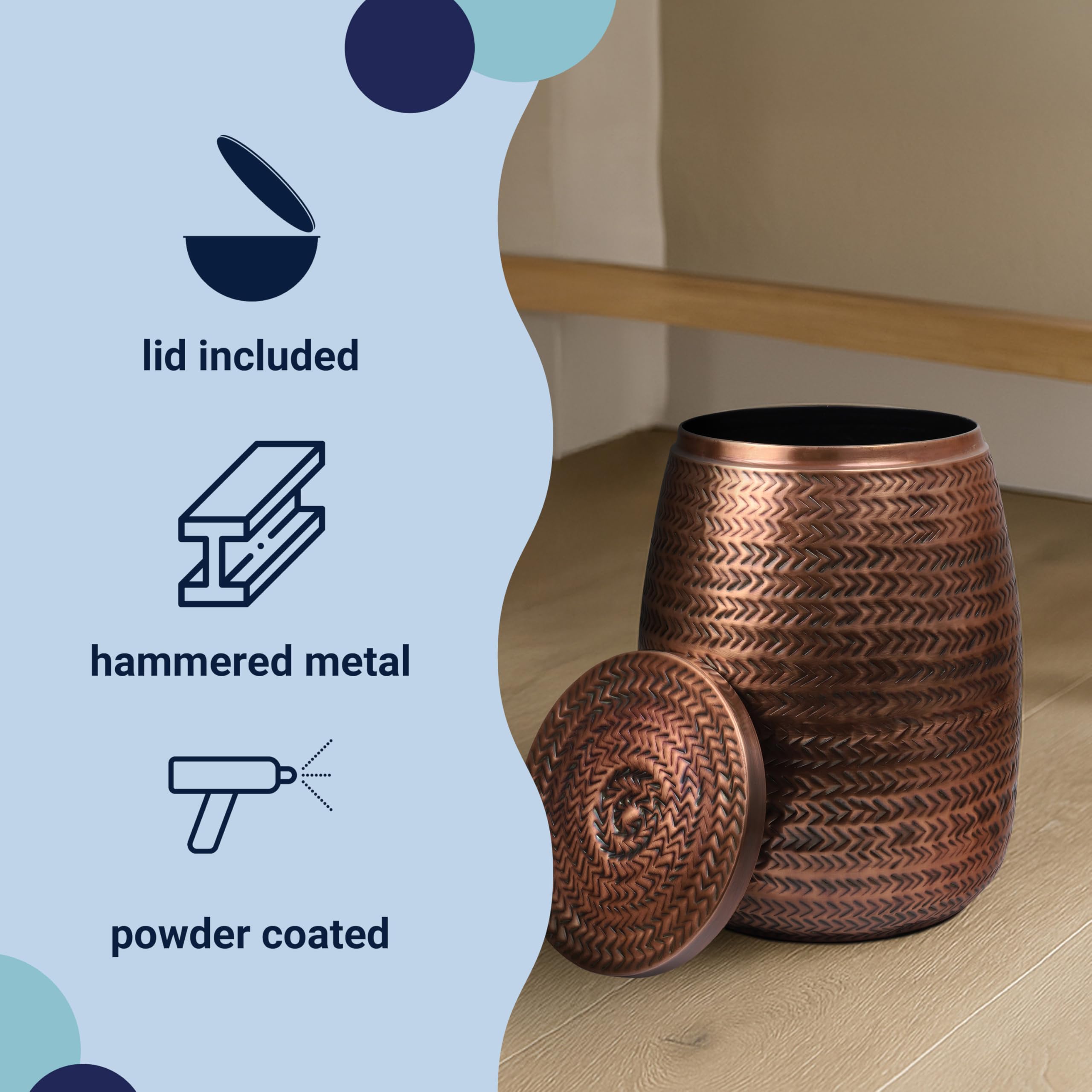 happimess Jasper Drum Storage Side Table Lid Iron 15", Antique Copper | Modern Rustic Arrow-Hammered Pattern, Versatile Accent For Living Room Or Bedroom, Lacquered Finish, 1.22 Cubic Feet Capacity