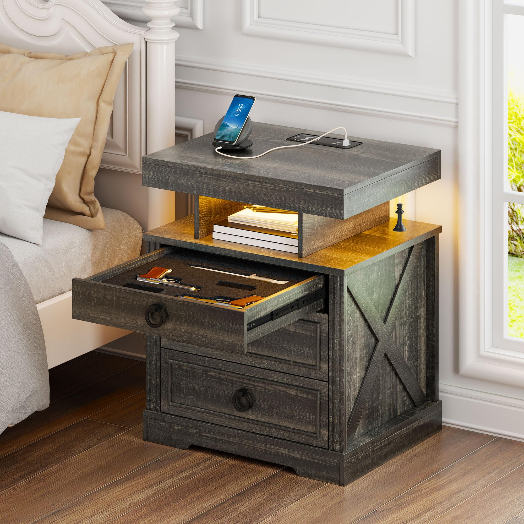 Amazon.com: Gurexl Farmhouse Night Stand with Lockable Gun Drawer