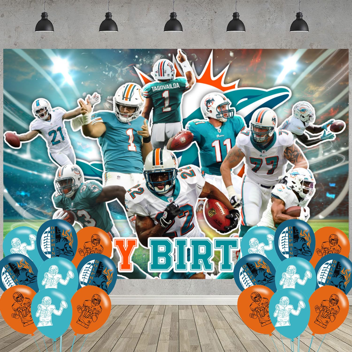 Dolphins Birthday Party Decoration,Football Party Photo Background 5 x 3 FT and 18 Pcs Balloon,Football Merch Party Backdrop Supplies