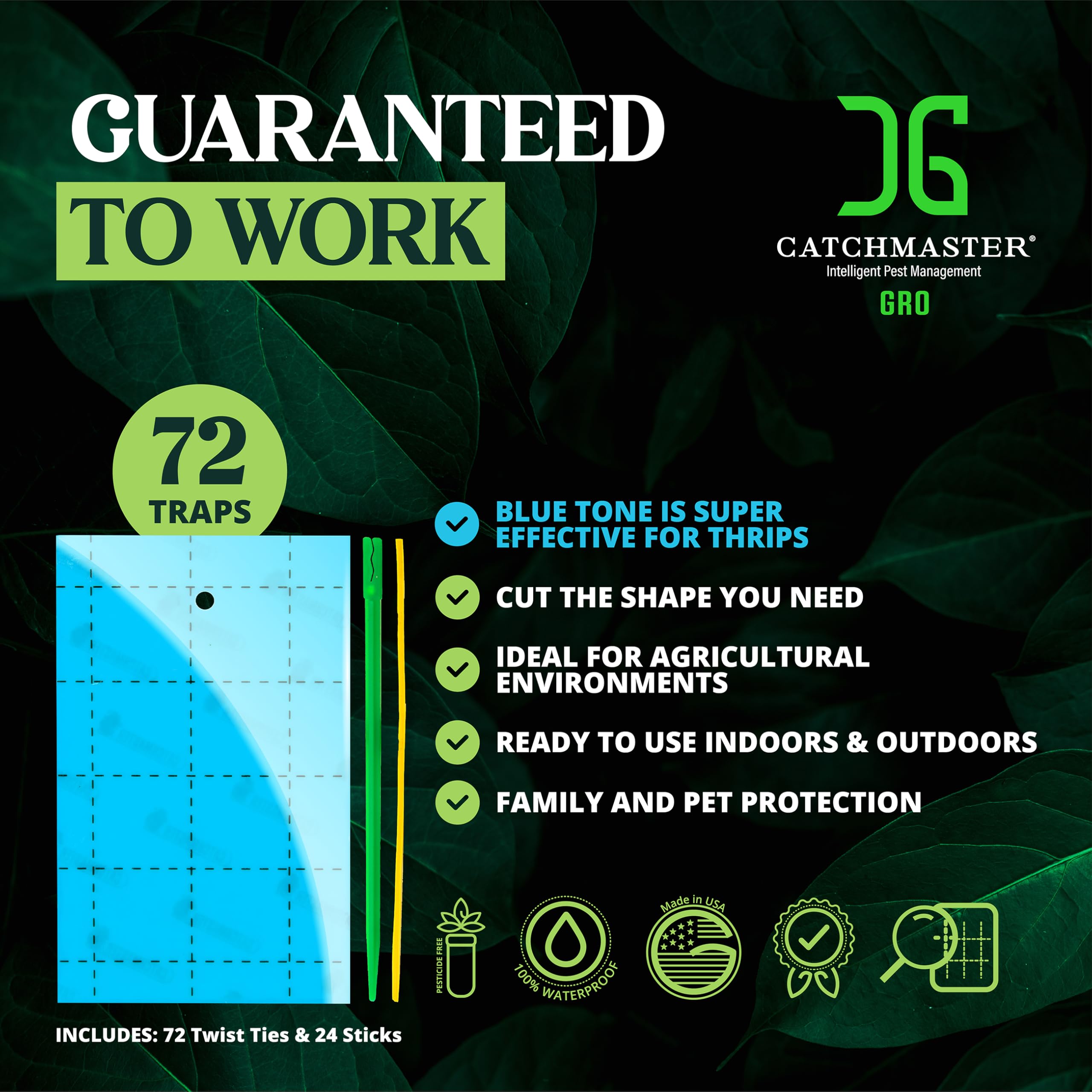 Catchmaster- Trampa adhesiva azul GRO, paquete de 72, trampa para insectos para exteriores, protege plantas vivas en interiores, trampa para insectos, tripes y moscas de la fruta, trampas adhesivas pa