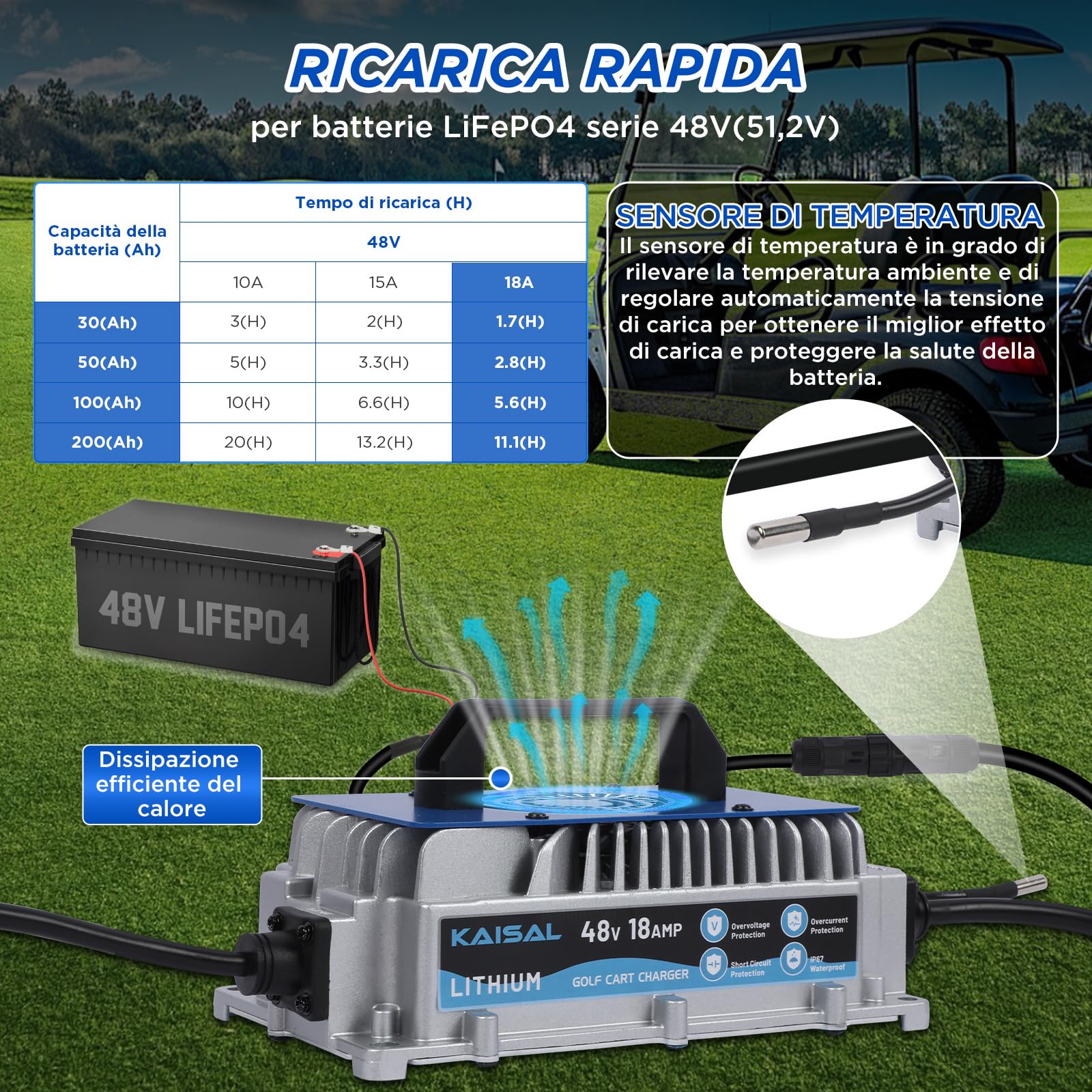 KAISAL Caricabatterie per Batterie Litio 58.4 V 18 A, Caricabatterie per Batterie al Litio da 48 V (51,2 V), è Impermeabile IP67 Carica per Batteria LiFePO4 per Golf Cart, Barca, Camper, Solare
