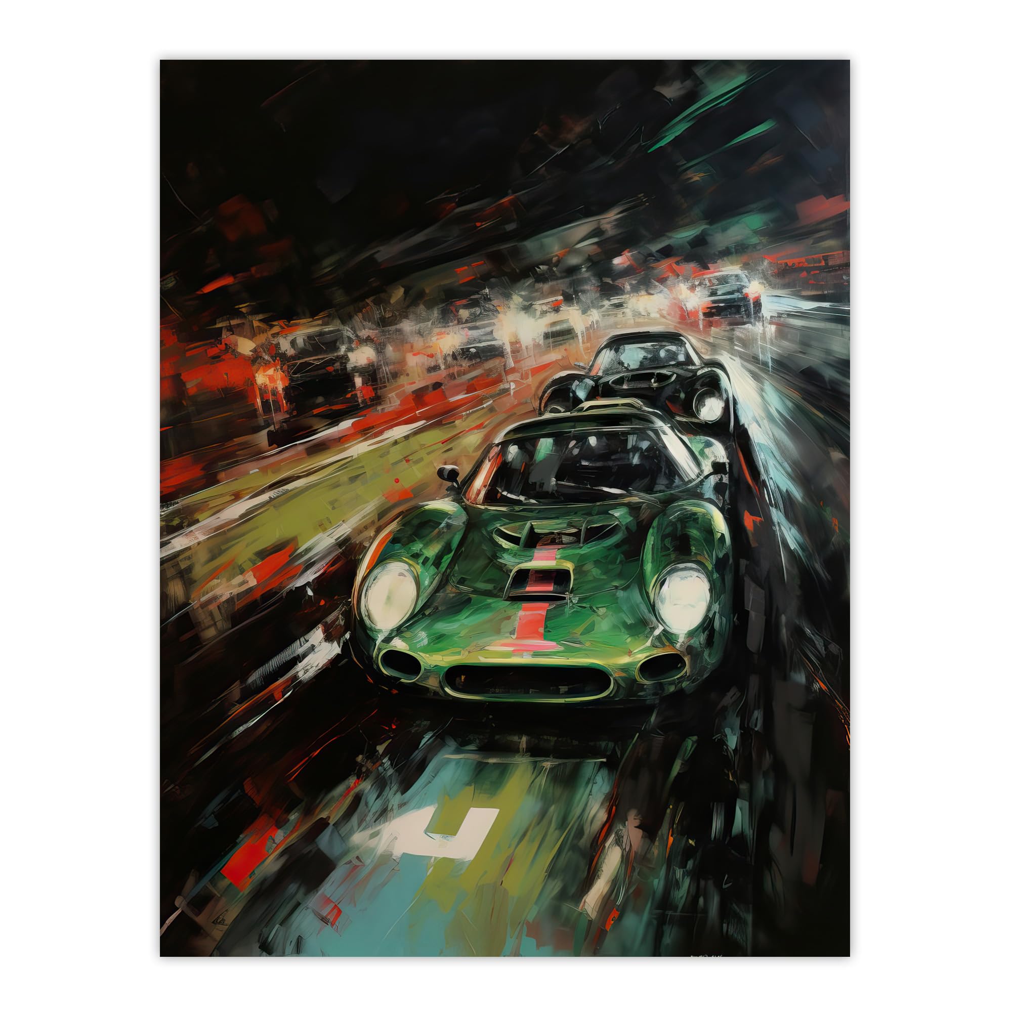 Artery8 Classic Sports Car British Racing Green Night Race Action Painting For Him Fan Man Cave Large Wall Art Poster Print Thick Paper 18X24 Inch