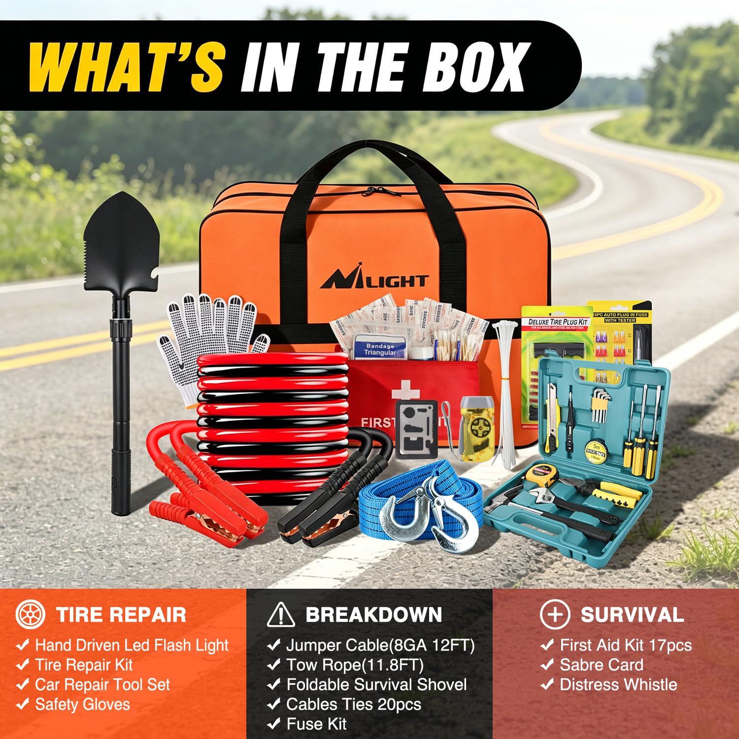 Nilight Kit di Emergenza per Auto con Cavo di Avviamento, Kit di Primo Soccorso, Kit di Riparazione Pneumatici, Attrezzi di Sicurezza Stradale per Viaggi, campeggio, Auto, Camion, SUV, RV