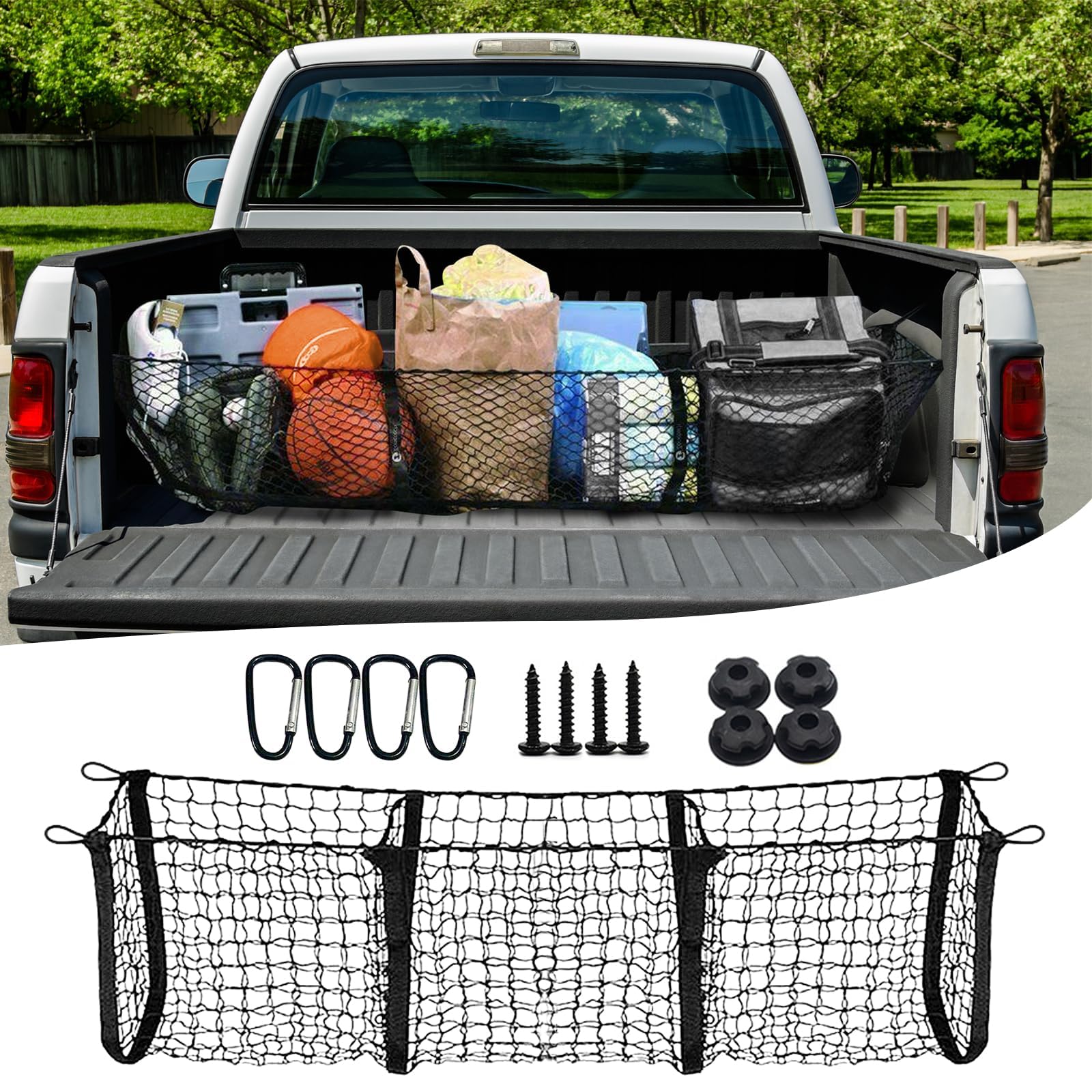 Cargo Net for Car, Expandable 3 Pocket Heavy-Duty Cargo Net Organizer, Black Mesh Storage Pocket with 4 Metal Carabiners Universal for Car, SUV, Pickup Truck, Van Trunk Bed- 47.2β x 11.8β