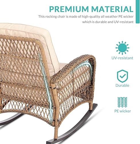 Miniatura 7 de MEETWARM Mecedora de mimbre para exteriores, sillas mecedoras de ratán para patio con cojines y respaldo alto, silla de mimbre para patio para todo