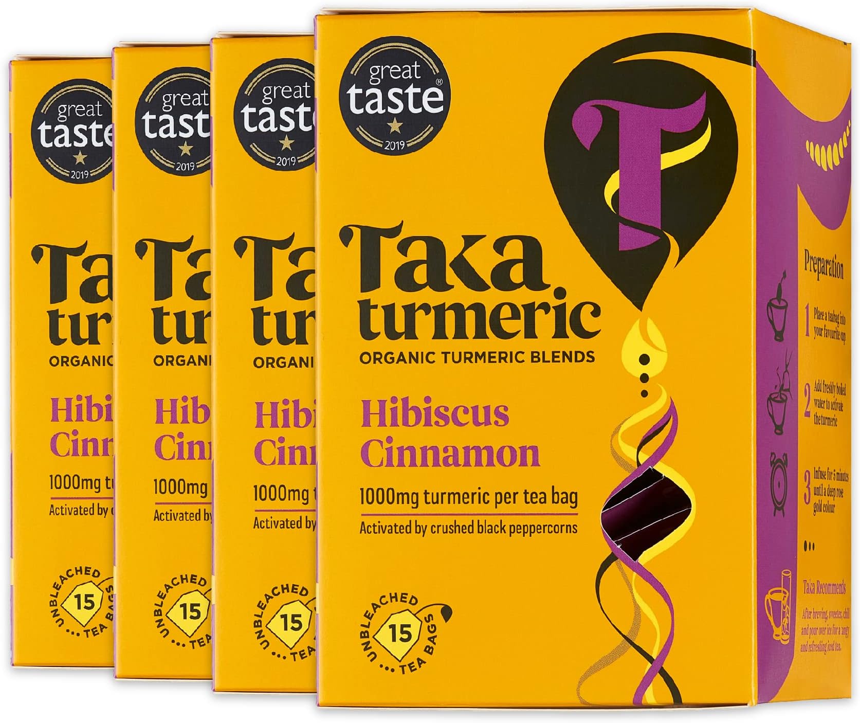 4 pack (60 Teabags) Organic Hibiscus & Cinnamon Tea Bags with Turmeric & Black Peppercorns, Turmeric Tea, Caffeine Free Detox Tea, No Added Flavourings, Recyclable Packaging