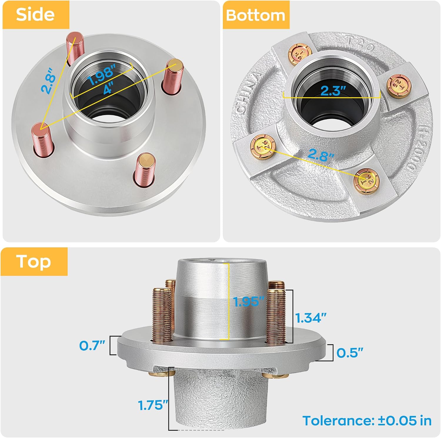 2000lb Trailer Axle Bearing Boat Trailer Hubs 4 Lug 4×4" fit 1" and 1-1/16" [Straight Spindle] Only L44643(I.D:1") L44649 (I.D:1-1/16") Sliver Trailer Hub Assembly Set of 2