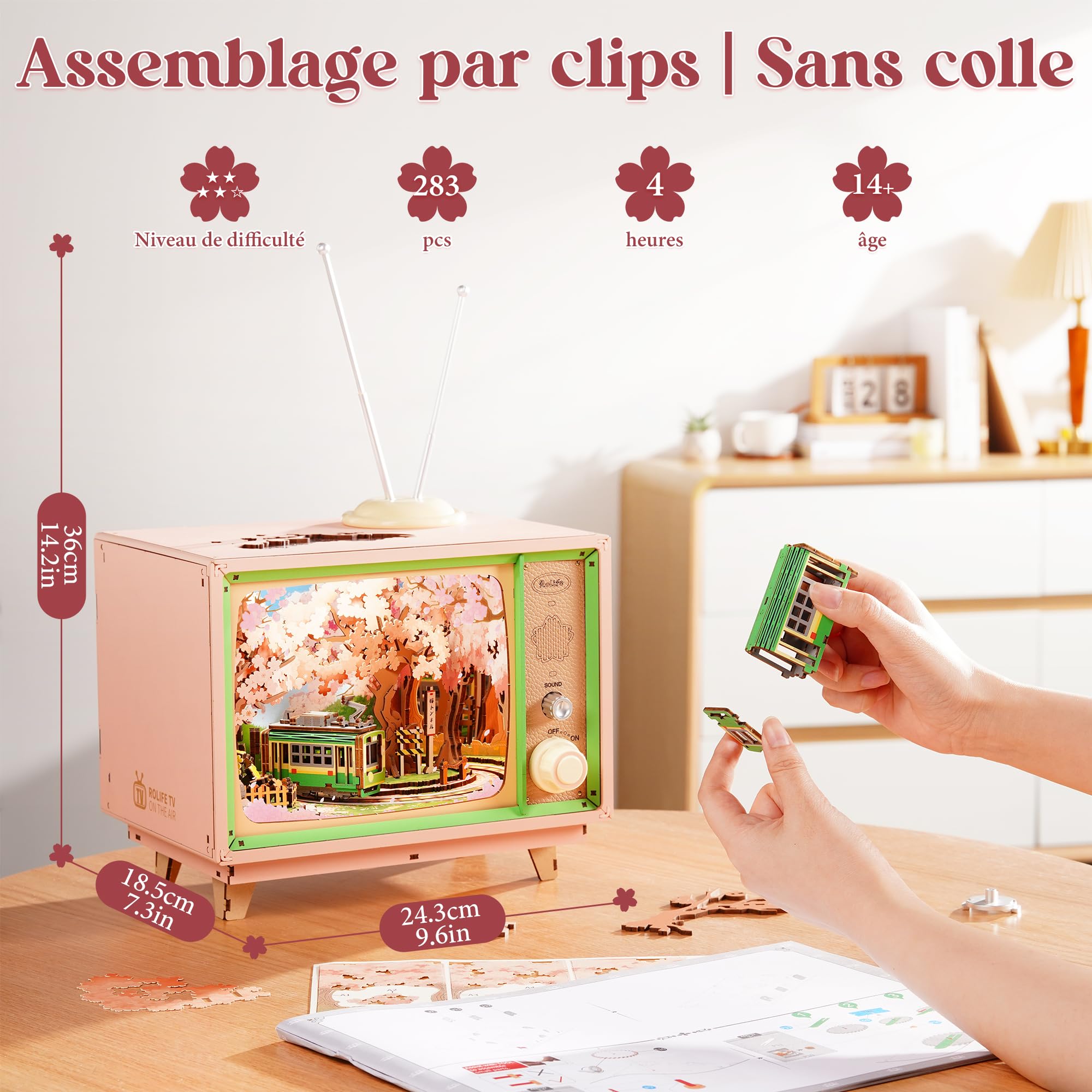 Rolife Puzzle 3D Anime Sakura Tram Décor TV, Maquette Bois 283 pièces – Maquette en Bois à Construire avec Tram Mobile & LED, Scène Fleur de Cerisier, Cadeau pour Construction & Maison
