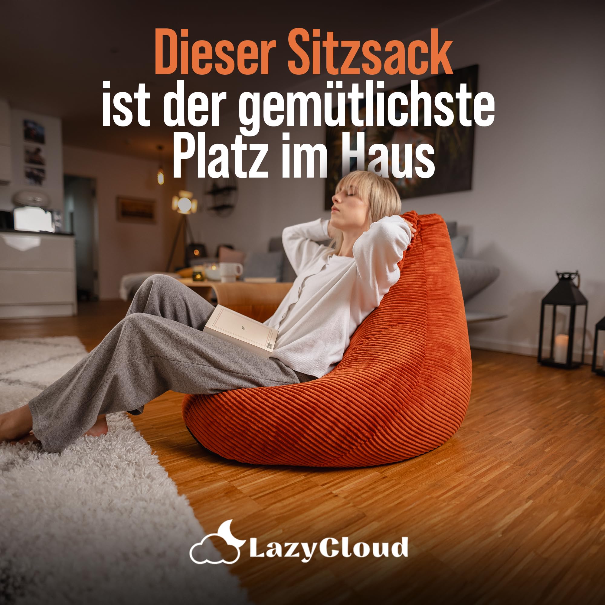 Sitzsack für Erwachsene mit integrierter [Nackenstütze] Cord | XXL Indoor Bean Bag mit Füllung | perfekt als Chill-, Lese- oder Gaming Sessel (90 x 80 x 70 cm) (Korallrot)