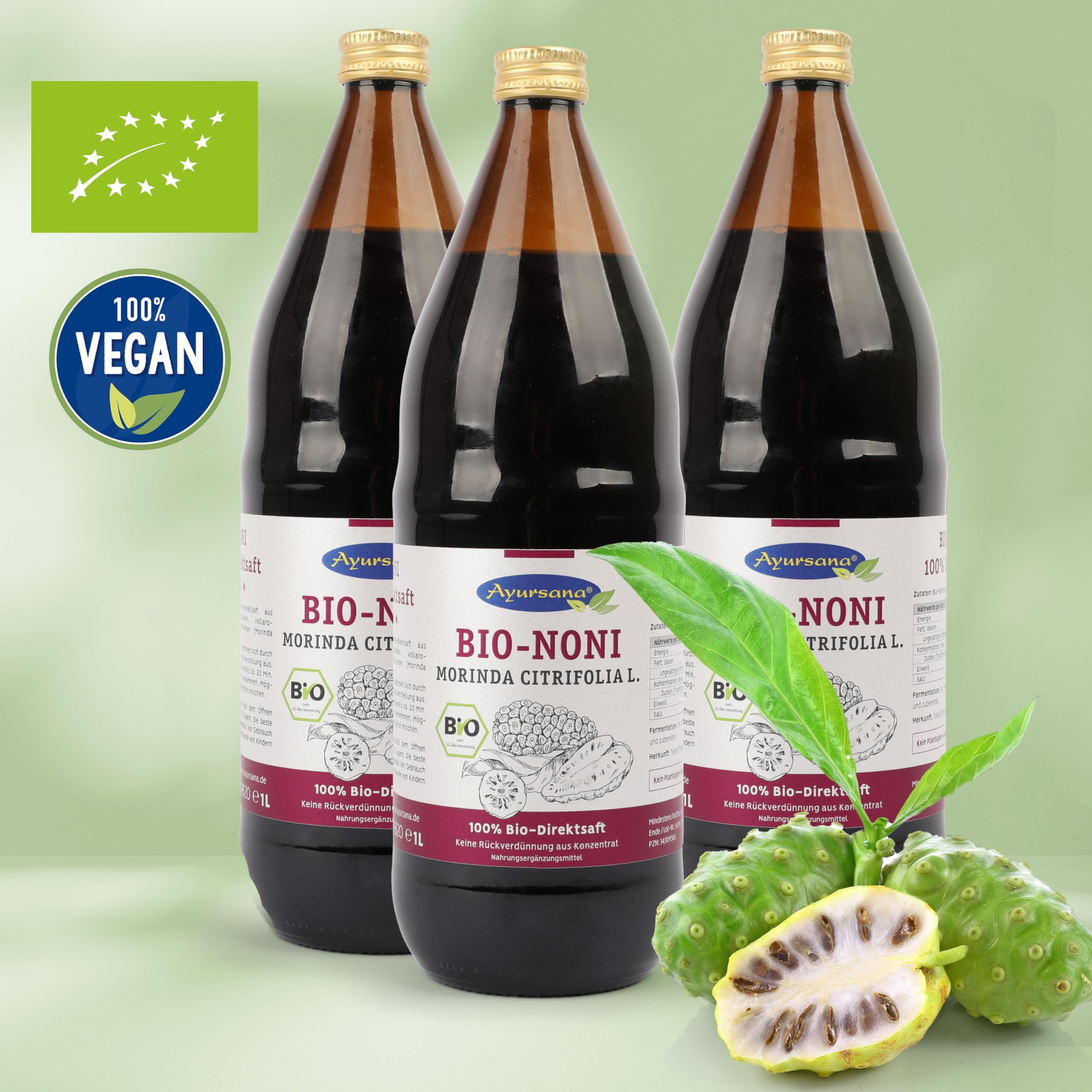 Ayursana Nonisaft 3x1 Liter, Bio-Qualität & 100% Direktsaft, purer Noni Saft abgefüllt und fermentiert im Ernteland Samoa, zum Beimischen für Bowls, Smoothies & Getränke