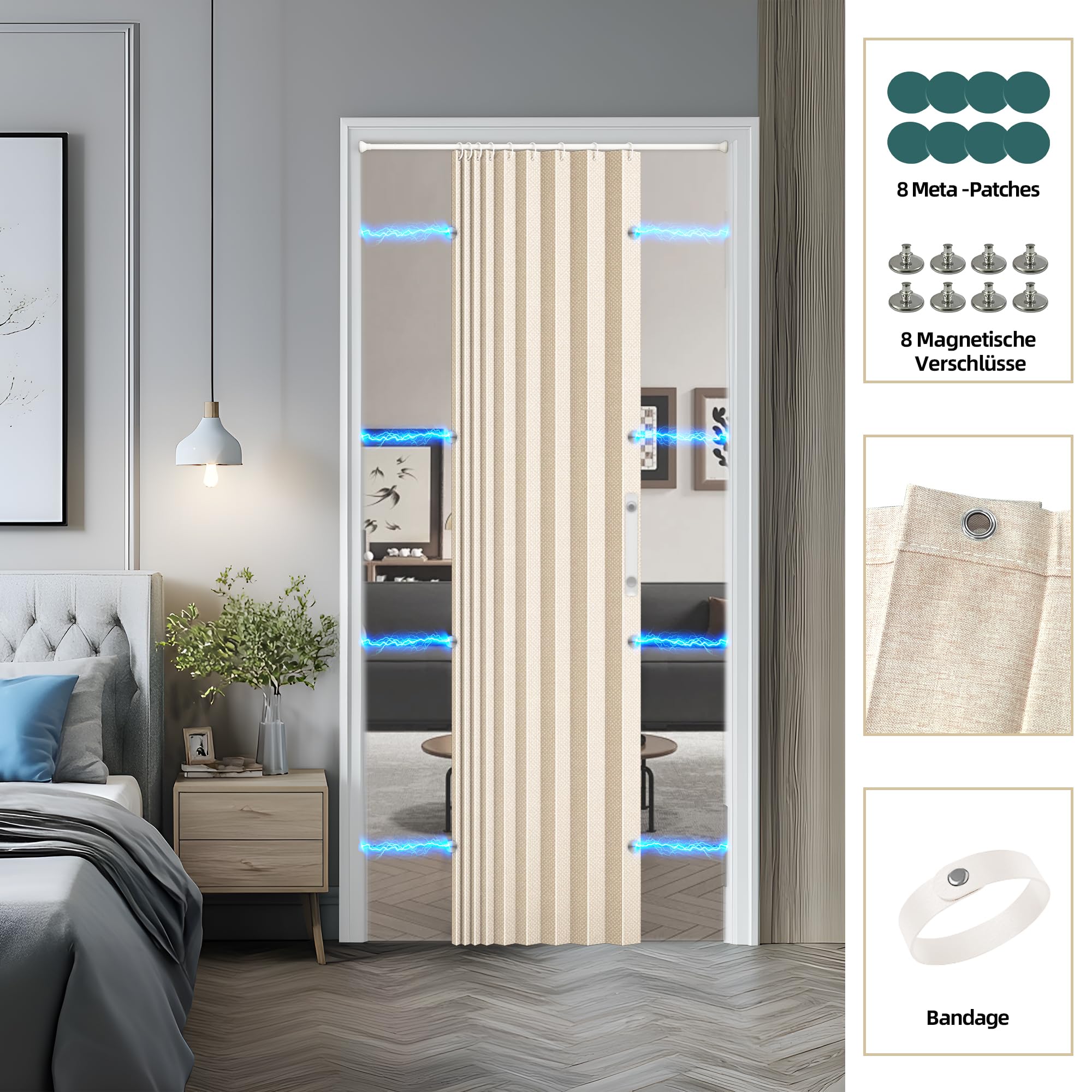 Tenda magnetica per porta con oscuramento, divisorio pieghevole per bagno/camera da letto/soggiorno, design a fisarmonica (color crema)