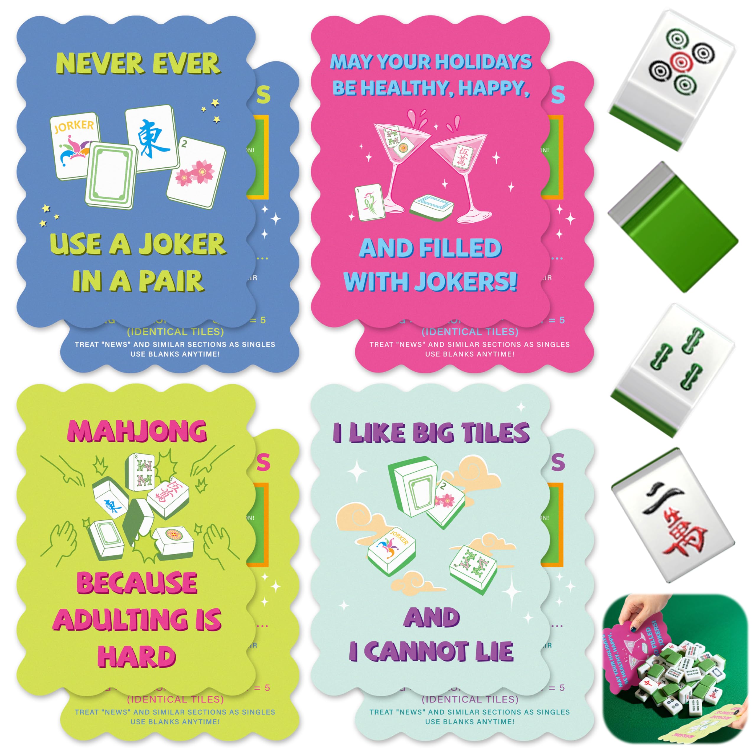 K1tpde 8PCS Funny Mahjong Shuffler Hot Tips Cards with Storage Bag, PVC Mahjong Tile Shuffler with Rules Printed Wavy Edge for Mixing and Shuffling Tiles, Mah Jongg Accessories Gifts for Lovers Games-image-14