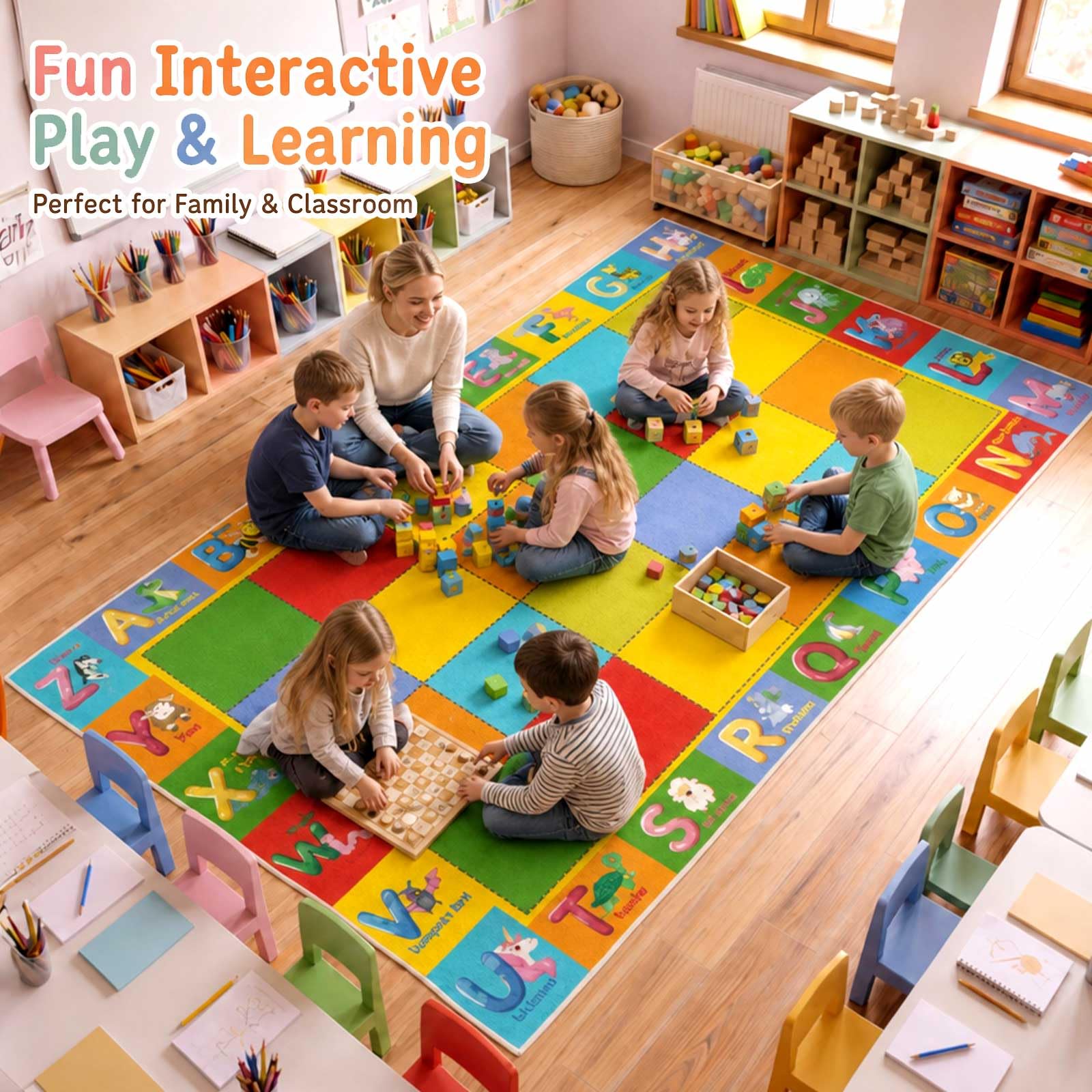Coume Klassenzimmerteppich, 4 x 2 m, ABC-Alphabet und Tierwörter, Lernteppich, große Lernmatte mit rutschfester Unterseite, für Kinder, Kleinkinder, Vorschule, Kindergarten