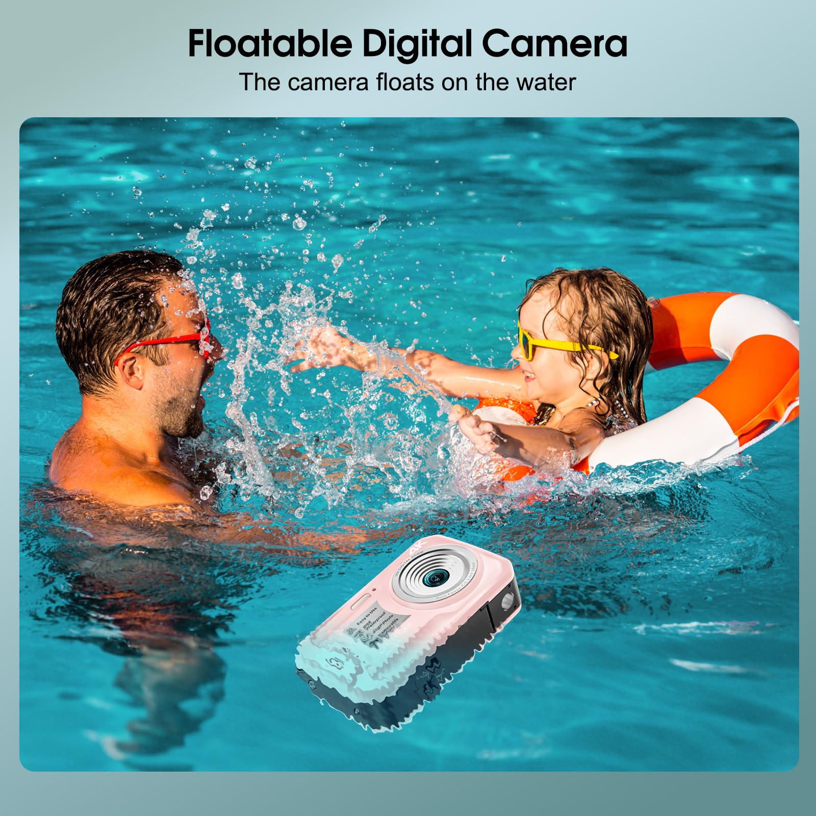 Appareil photo sous-marin 4K, 64 MP 4,8 m, étanche avec carte de 16 Go, autofocus flottant, écran HD IPS, zoom numérique 16x, lumière de remplissage, pour surf, plongée avec tuba, natation, rose