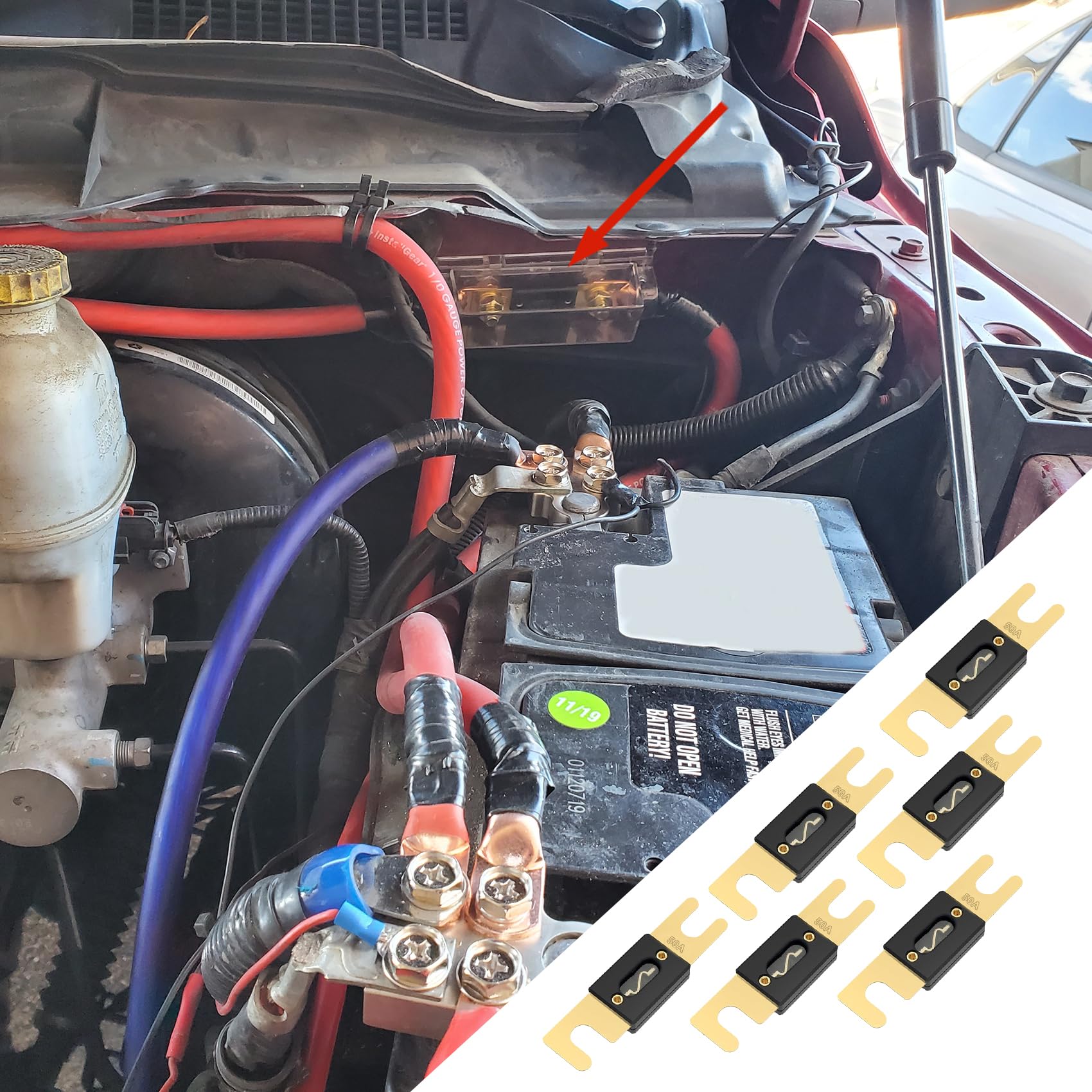 6Pack 50Amp ANL Inline Fuse, High Current Fuse Bolt-on Fuse, Car Accessories Gold-Plated ANL Fuses Replacement for 12V & 24V Systems for Audio Marine Vehicle Video System (50A-6PCS)