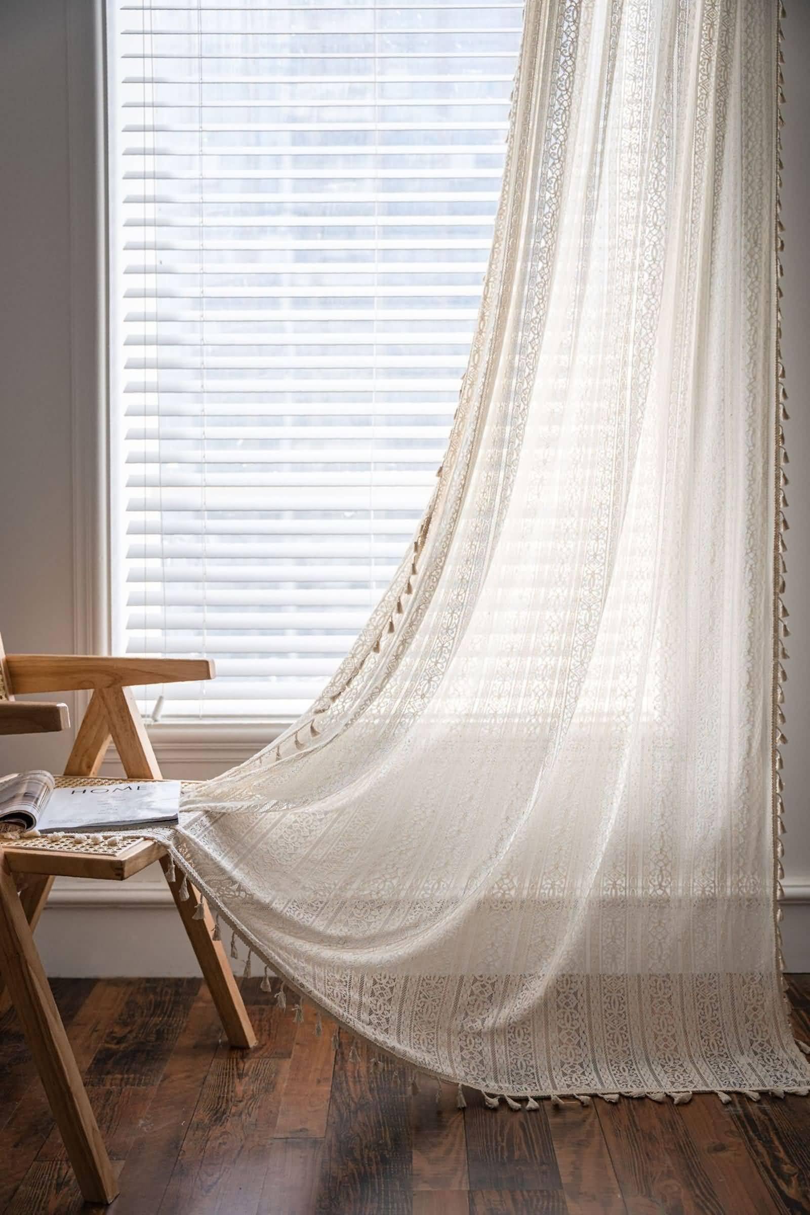 Voile Vorhang mit Ösen, Halbtransparente Vorhänge aus gestrickter Spitze mit Quasten als Dekoration für Zimmer aus Nylon Baumwolle, Beige-Ösen, 150x180CM-2 STÜCK