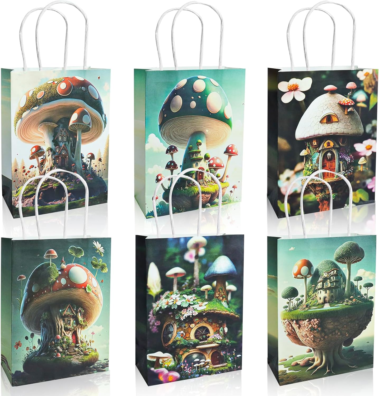 paeyaer 12-Packs Mushroom Gift Bags with Handles - 6 Different Fairy House Kraft Paper Bags - Perfect as Goodie Bags, Birthday Gift Bag, Jungle Party