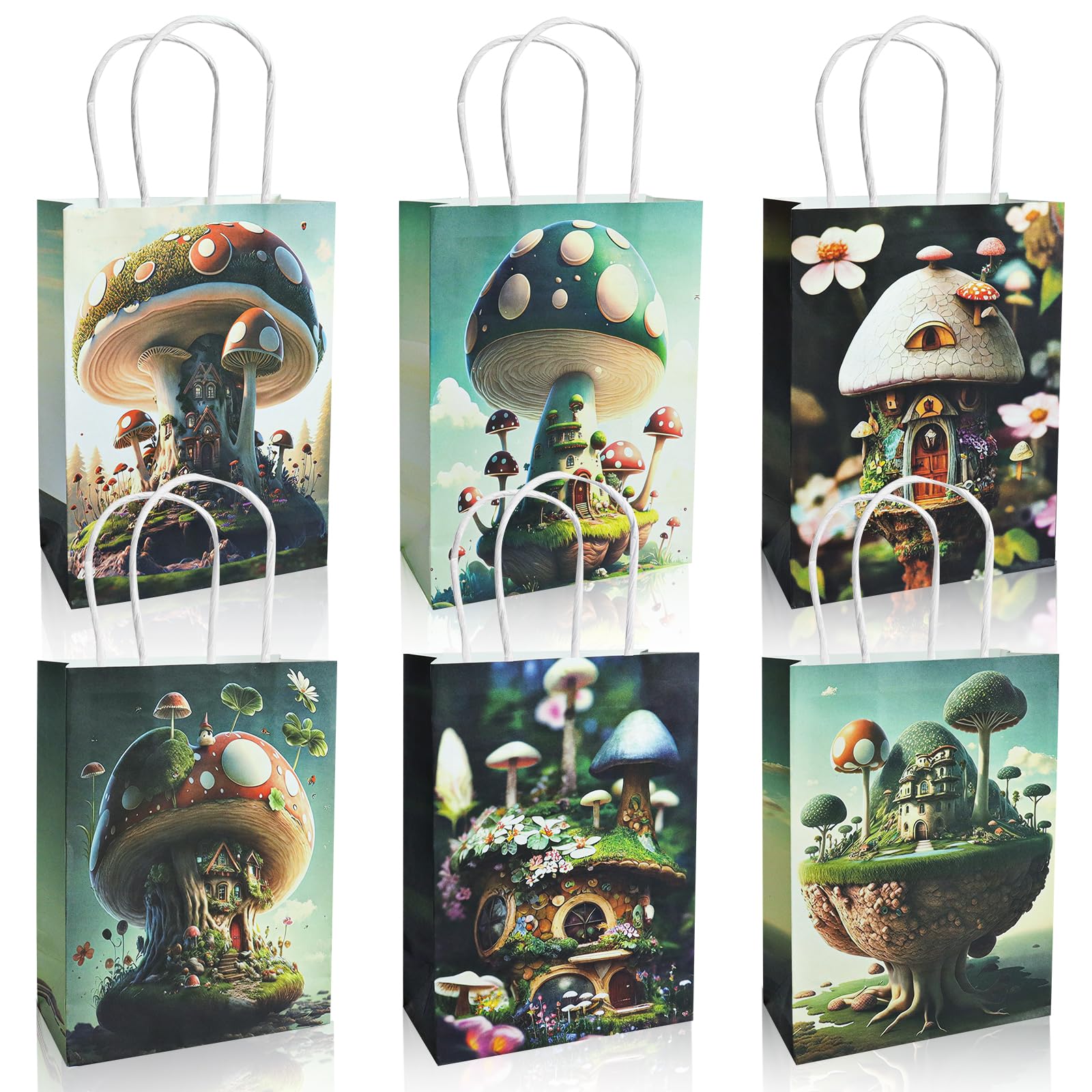 paeyaer 12-Packs Mushroom Gift Bags with Handles - 6 Different Fairy House Kraft Paper Bags - Perfect as Goodie Bags, Birthday Gift Bag, Jungle Party Favor Bags, Senior Crafts Bags