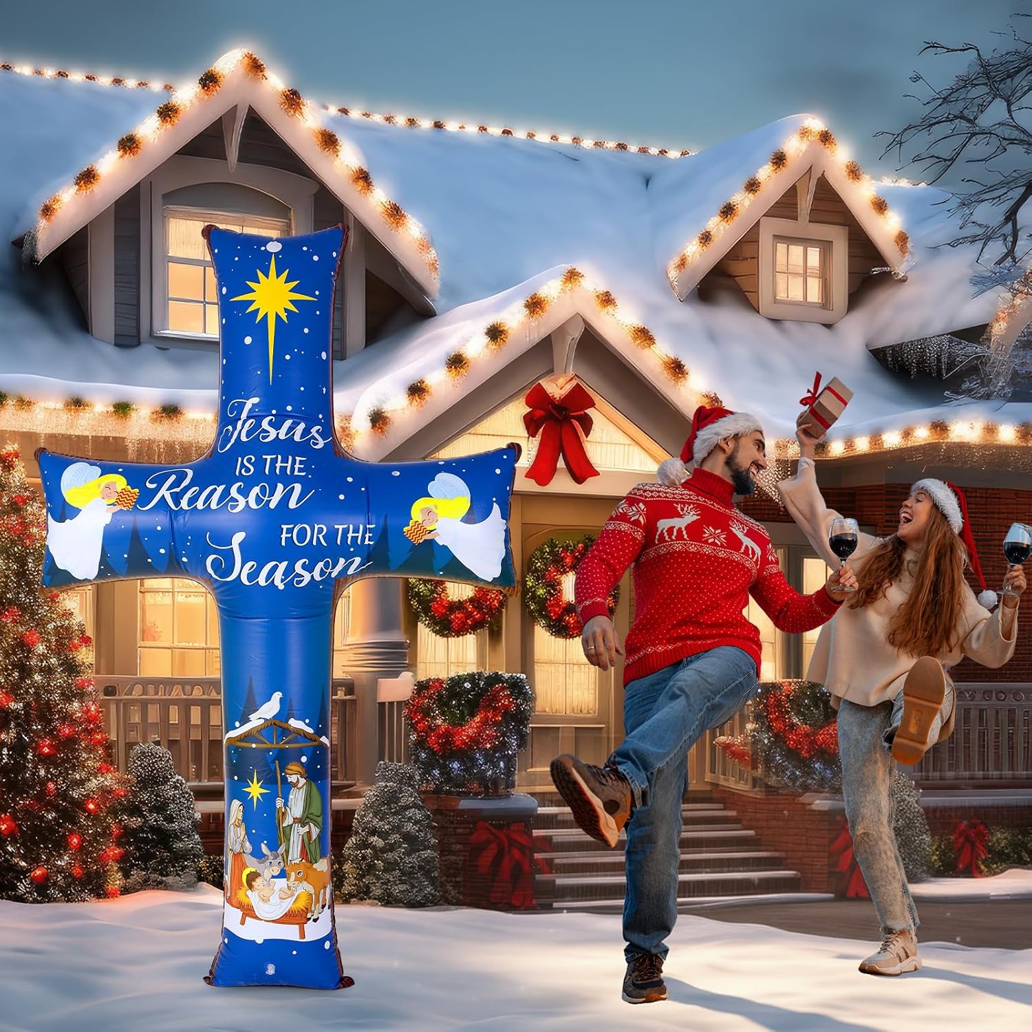 6FT Christmas Inflatable Nativity Scene Decoration Cross Blow up Outdoor Decor Jesus is The Reason for The Season Christian Cross for Christmas Nativity Holy Night Outdoor Yard Party Decor 1 Christmas