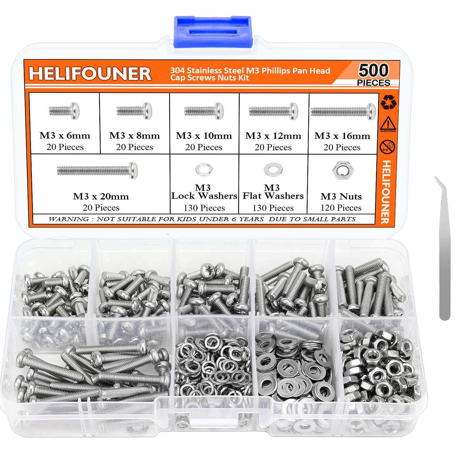 HELIFOUNER 500 Pieces M3 x 6mm /8mm /10mm /12mm /16mm /20mm, Phillips Pan Head Machine Screws, Metric Screws Bolts Washers Nuts Kit, 304 Stainless Steel
