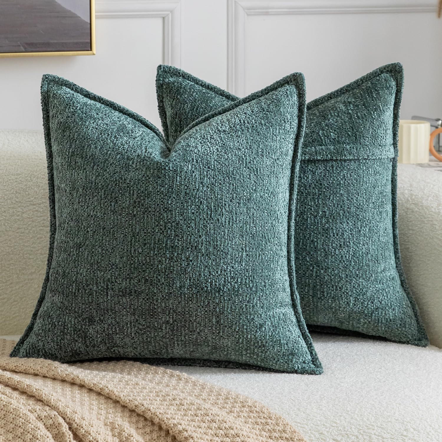 Madizz Pack of 2 Decorative Cushion Covers Boho Soft Textured Chenille Throw Pillows Solid Pillow Covers for Couch Sofa Bedroom Living Room 50x50 CM, Turquoise