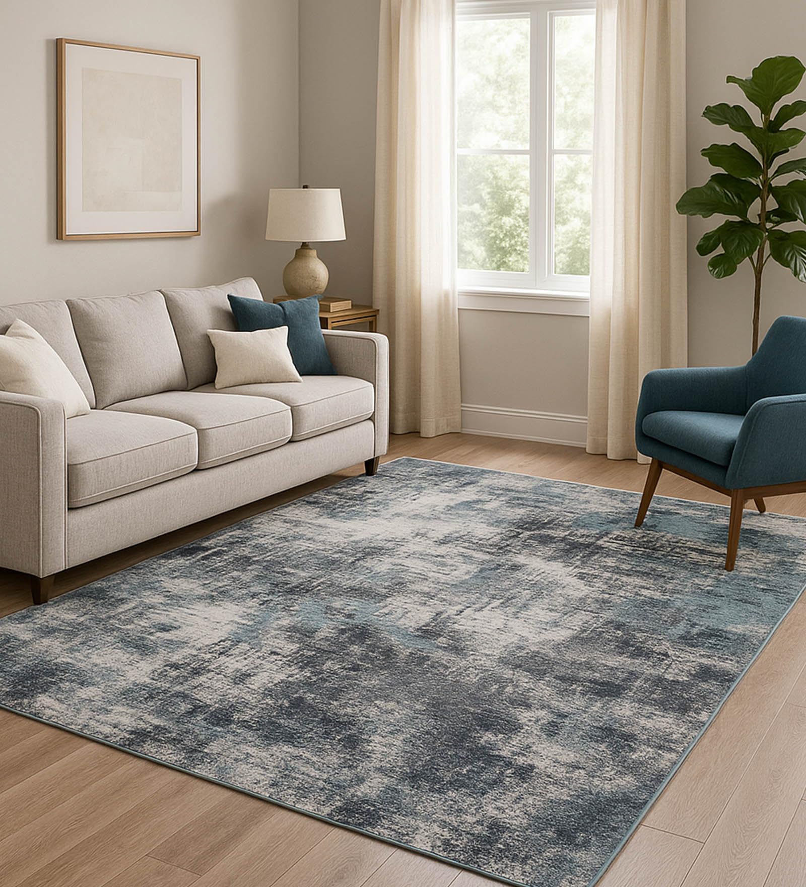 Obsessions Indoor Rug Polyester Carpet with Abstract Pattern and Cotton Backing, Ideal for Bedroom & Living Room 200x290 cm, Blue & Cream