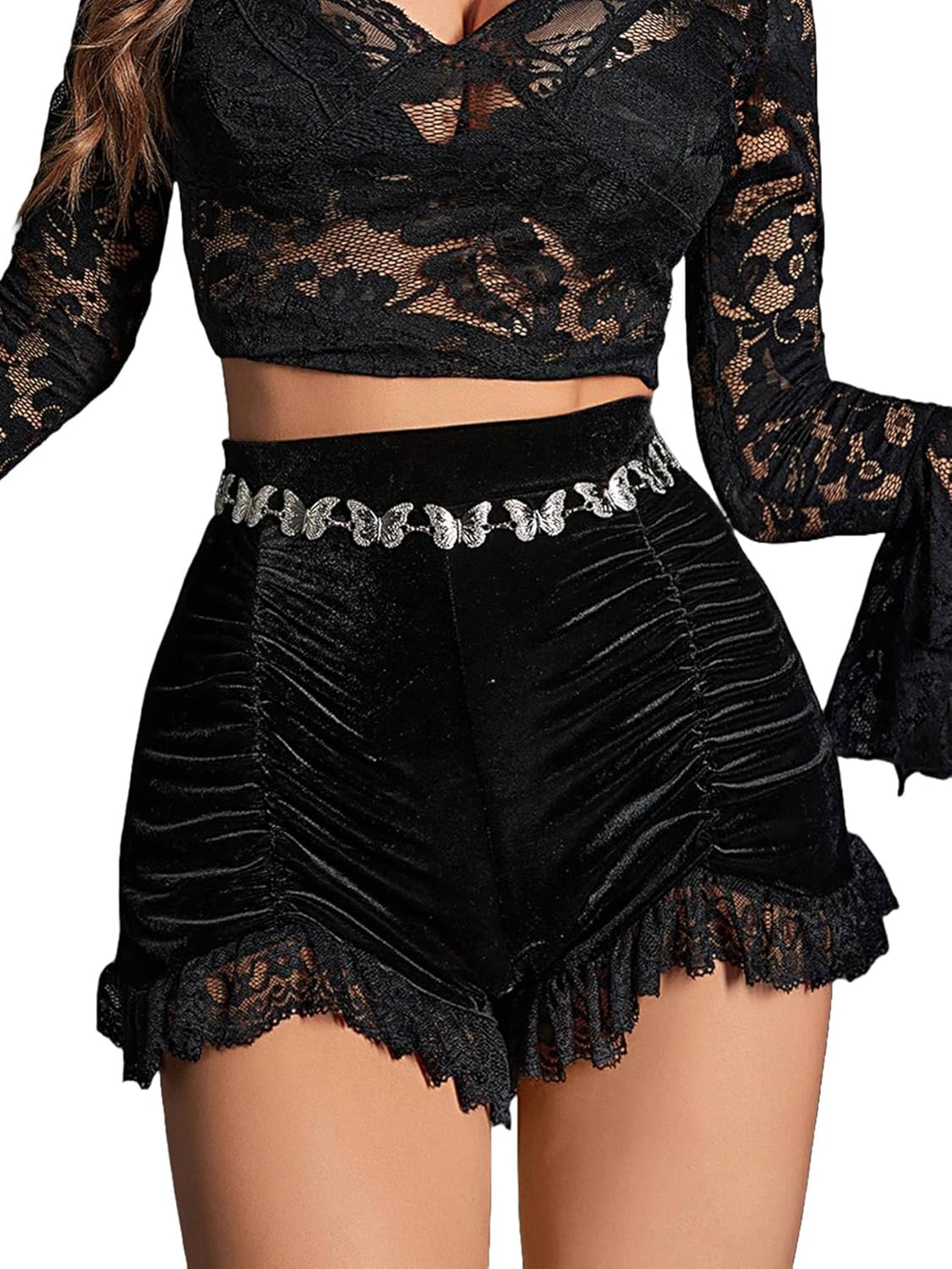 GothDark Shorts for Women Sexy Vintage High Waist Gothic Velvet Ruched Lace Patchwork Y2K Casual Mini Shorts