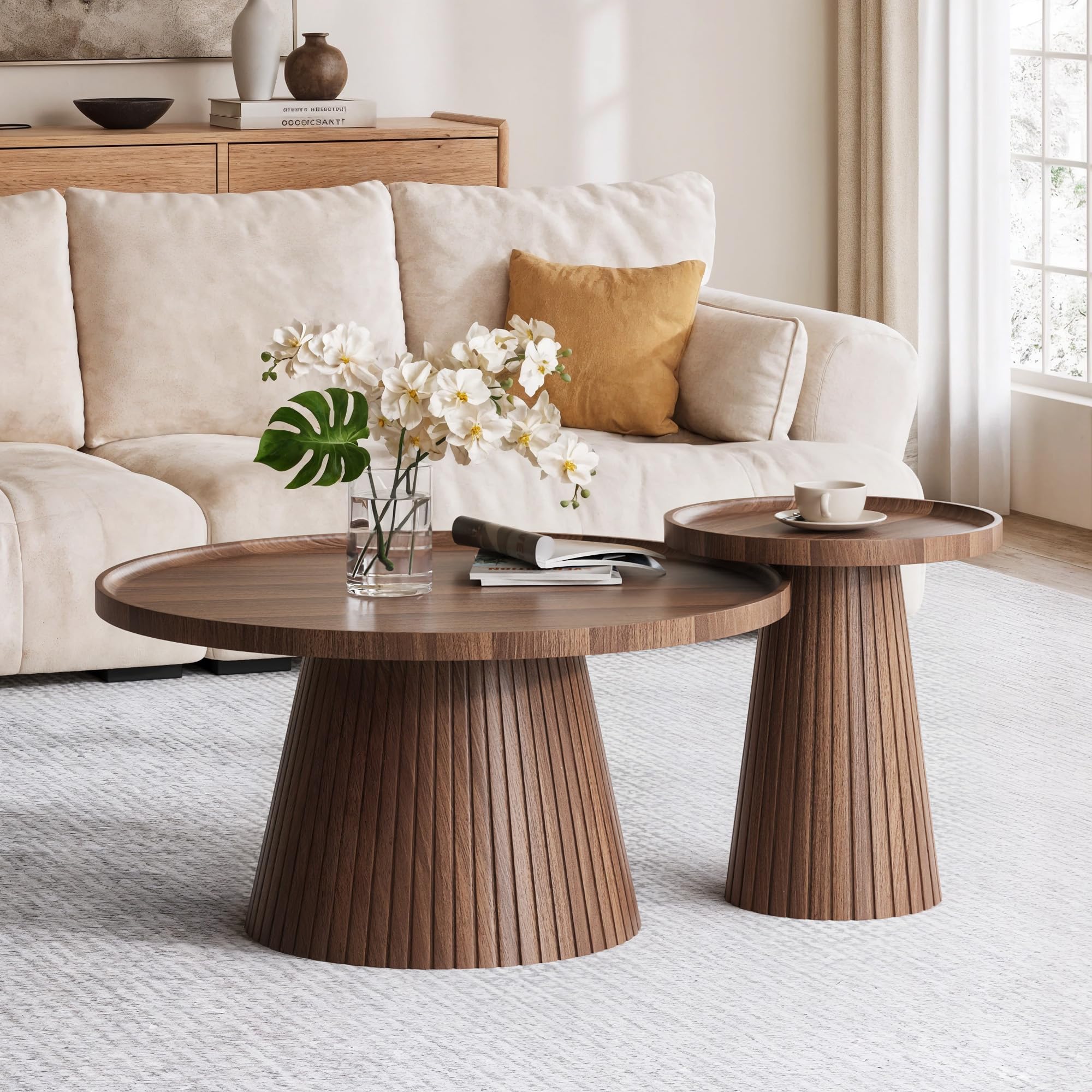 win2win Nesting Coffee Table Set of 2 Mid Century Modern Coffee Table with Wood Grain Veneer Fluted Round