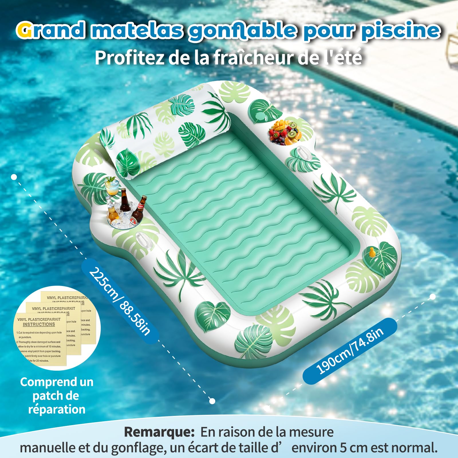 JONRRYIN Matelas Gonflable Piscine 2 Personnes, Tanning Pool avec Fonction Brumisation & Porte-Gobelets, 225×190 cm Grande Île Flottante, Hamac Gonflable pour Piscine et Plage (Vert)