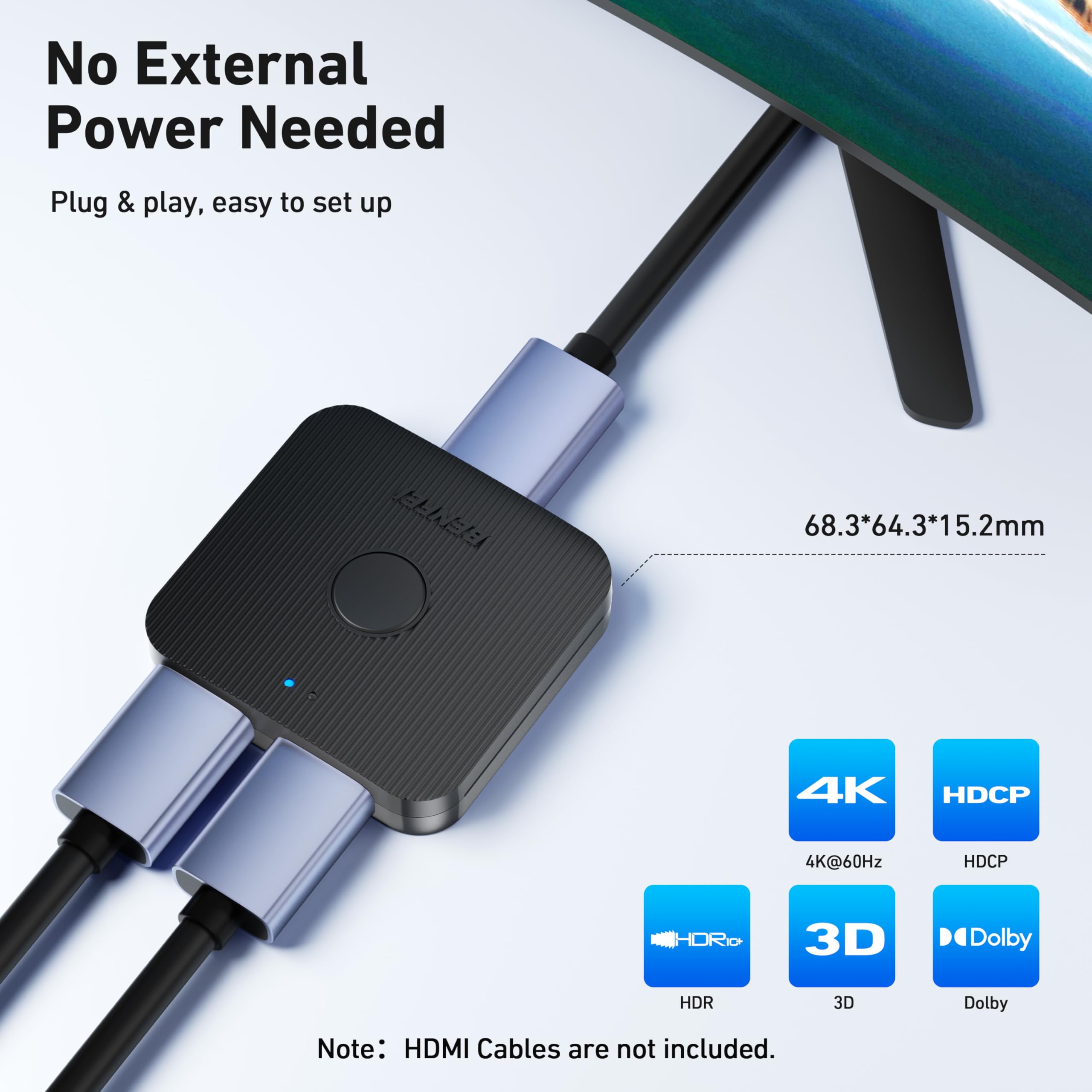 BENFEI Commutateur HDMI 4K 2 Entrées 1 Sortie Prend en Charge 4K 3D HD 1080p Compatible Firestick Xbox PS4 Roku HDTV
