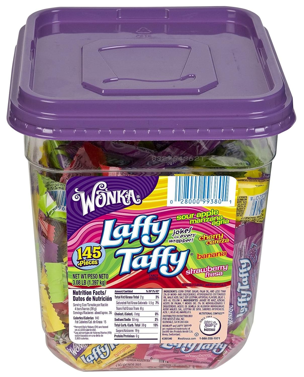 Nestlé 48749 Wonka Assorted Flavor Laffy Taffy, 3.08lb, 145 Wrapped Pieces/Tub